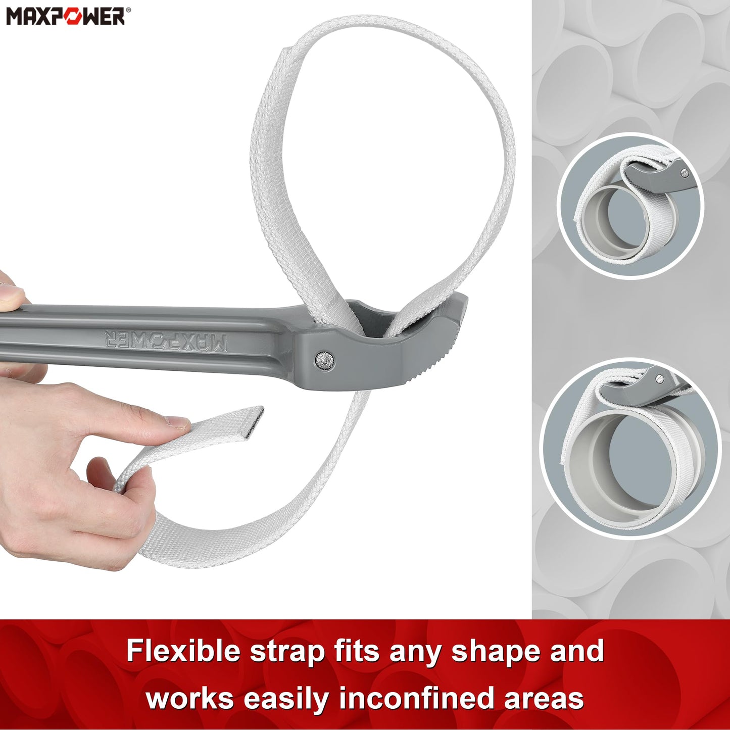 MAXPOWER Strap Wrench, 18-inch Handle Adjustable Strap Wrench, Nylon Strap Pipe Wrench for Replacing Oil Filter, Water Filter, PVC Junctions