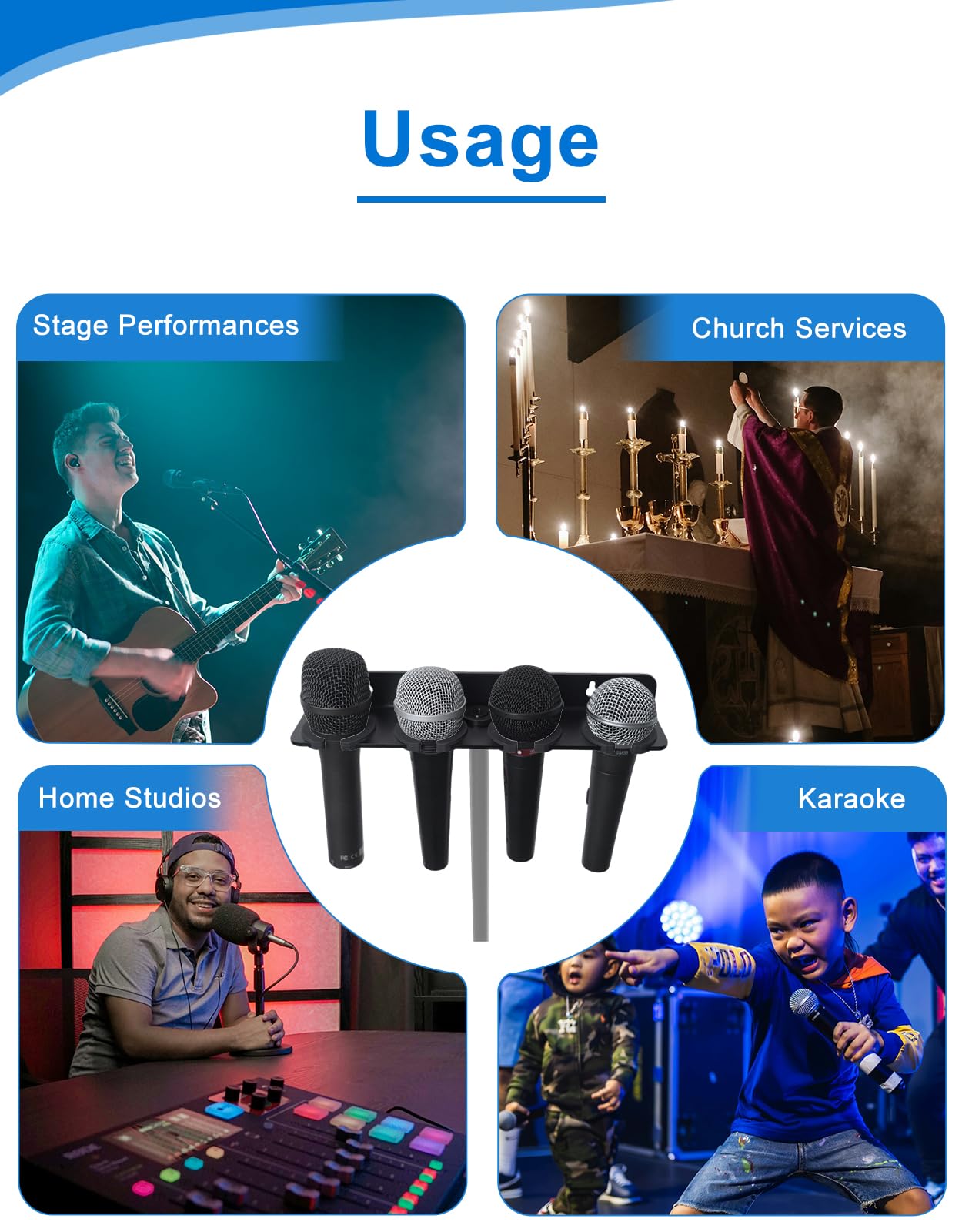 Multi Microphone Holder for Wired and Wireless Mics, Hold Up to 4 Mics, Multiple Mic Organizer Storage for Mic Stand, Rubber Padding/Wall Mounted or Mounted to 5/8"-27 or 3/8"-16 threaded Stands