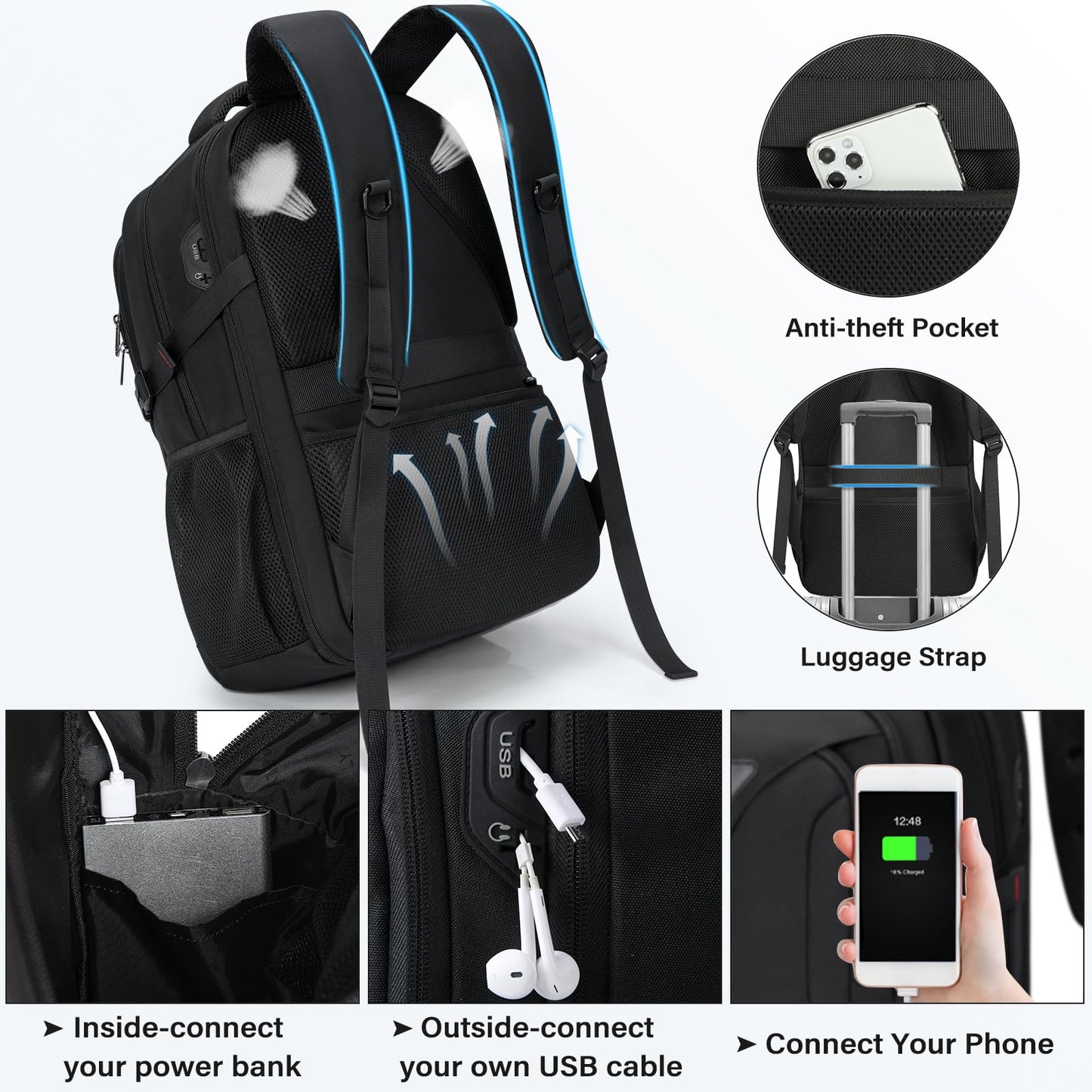 NUBILY Lunch Backpack, 17.3 Inch Laptop Backpack with USB Charging Port 50L Travel Backpack for Men Women Backpack with Insulated Cooler Bag Waterproof Computer，Black Backpack for College, Work
