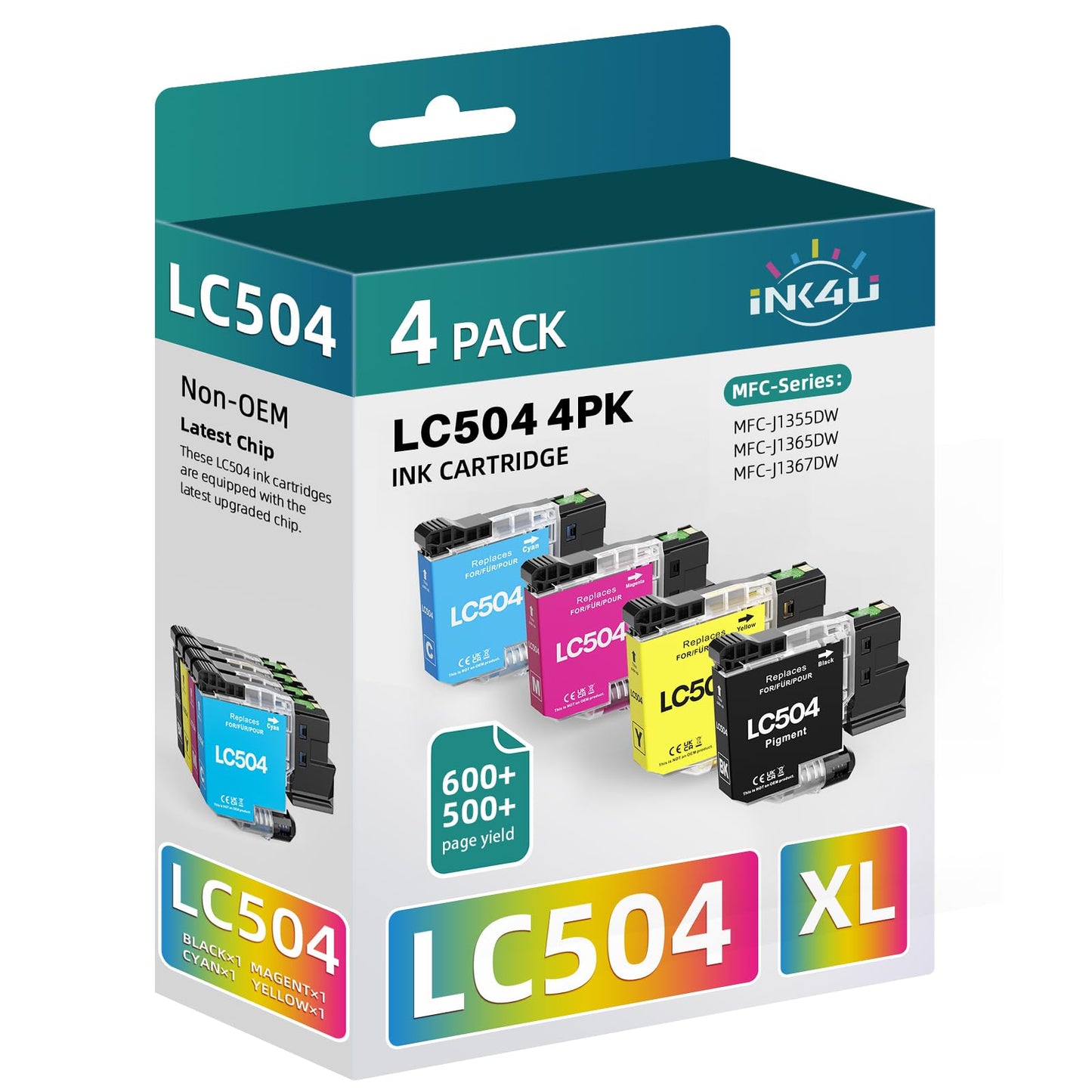 INK4U Compatible LC504 LC504XL Ink Cartridges Replacement for Brother LC504 Ink Cartridges for Brother Printer MFC-J1355DW, MFC-J1365DW, MFC-J1367DW Printer (Black Cyan Magenta Yellow, 4 Pack)