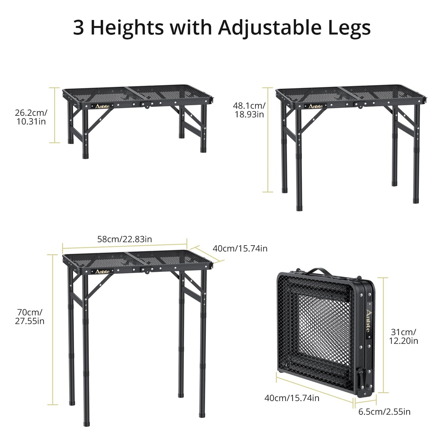 Anbte Folding Grill Table, Aluminum Camping Table Adjustable Height Max 27.5" Picnic Table Small Outdoor Table, Lightweight, Portable Handle for Travel Cooking BBQ Picnic, 22.8" x 16", Black