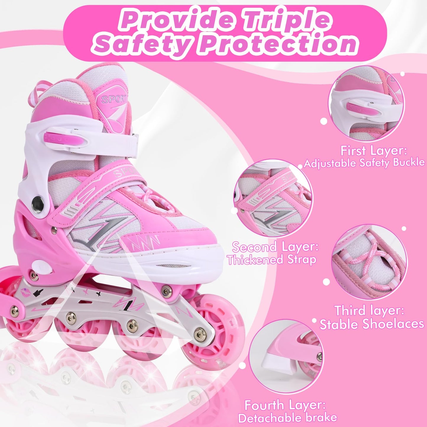 Adjustable Inline Skates for Kids Girls Children Beginners, Pink Inline Roller Skates with Light Up Wheels for Kids and Youth for Sports (Small)