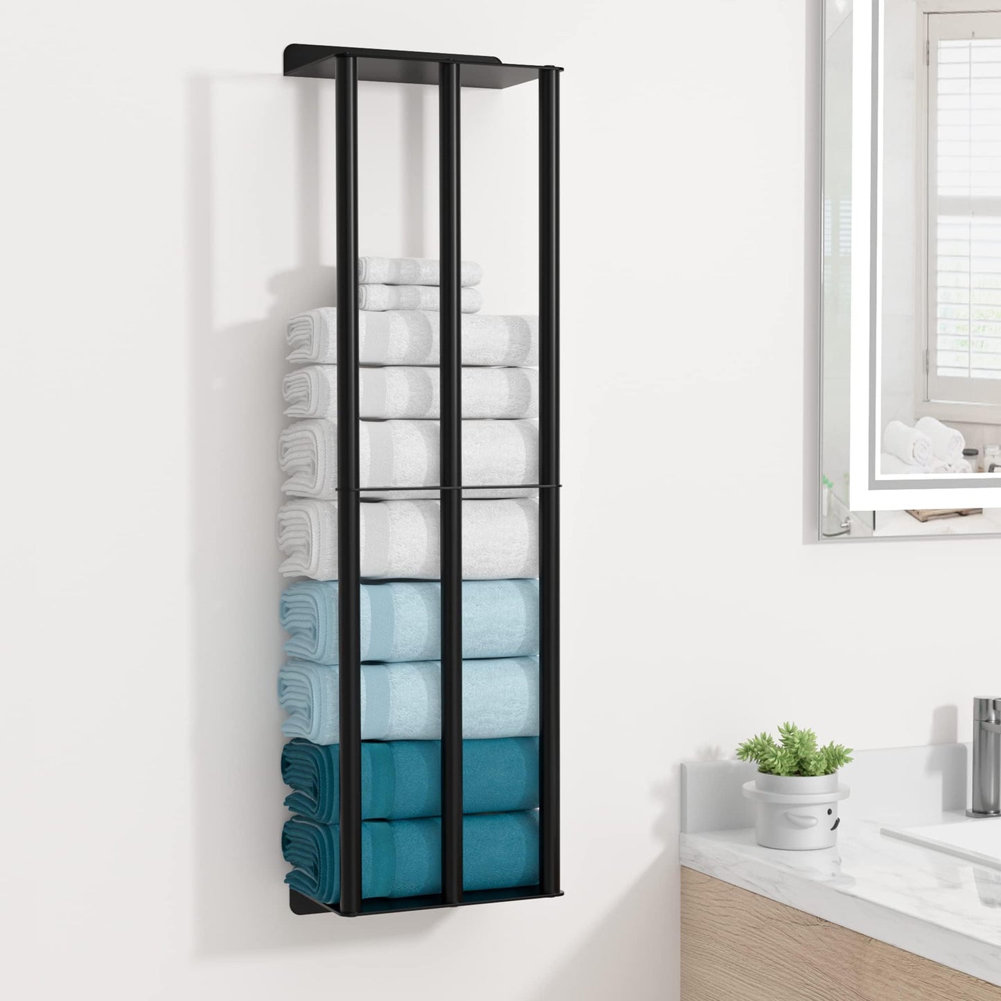 Susswiff 78cm Wall Mounted Towel Racks, Sturdy 2 Metal Towel Shelves and 3 Vertical Bars, Can Holds 6 Large Rolled Towels - Rolled Towel Holder(Matte Black)