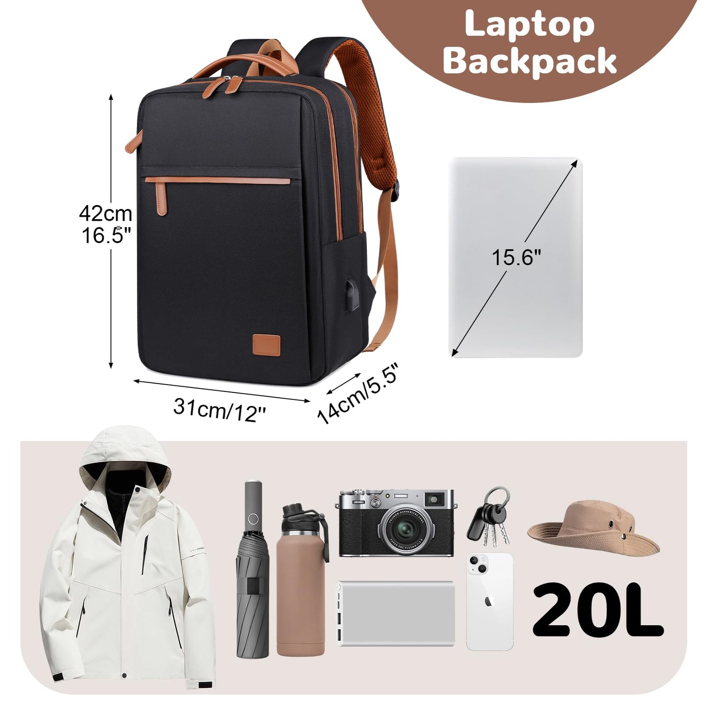 Outplea 15.6" Laptop Backpack for Work Men, Airline Approved Carry on Travel Backckpack, Black