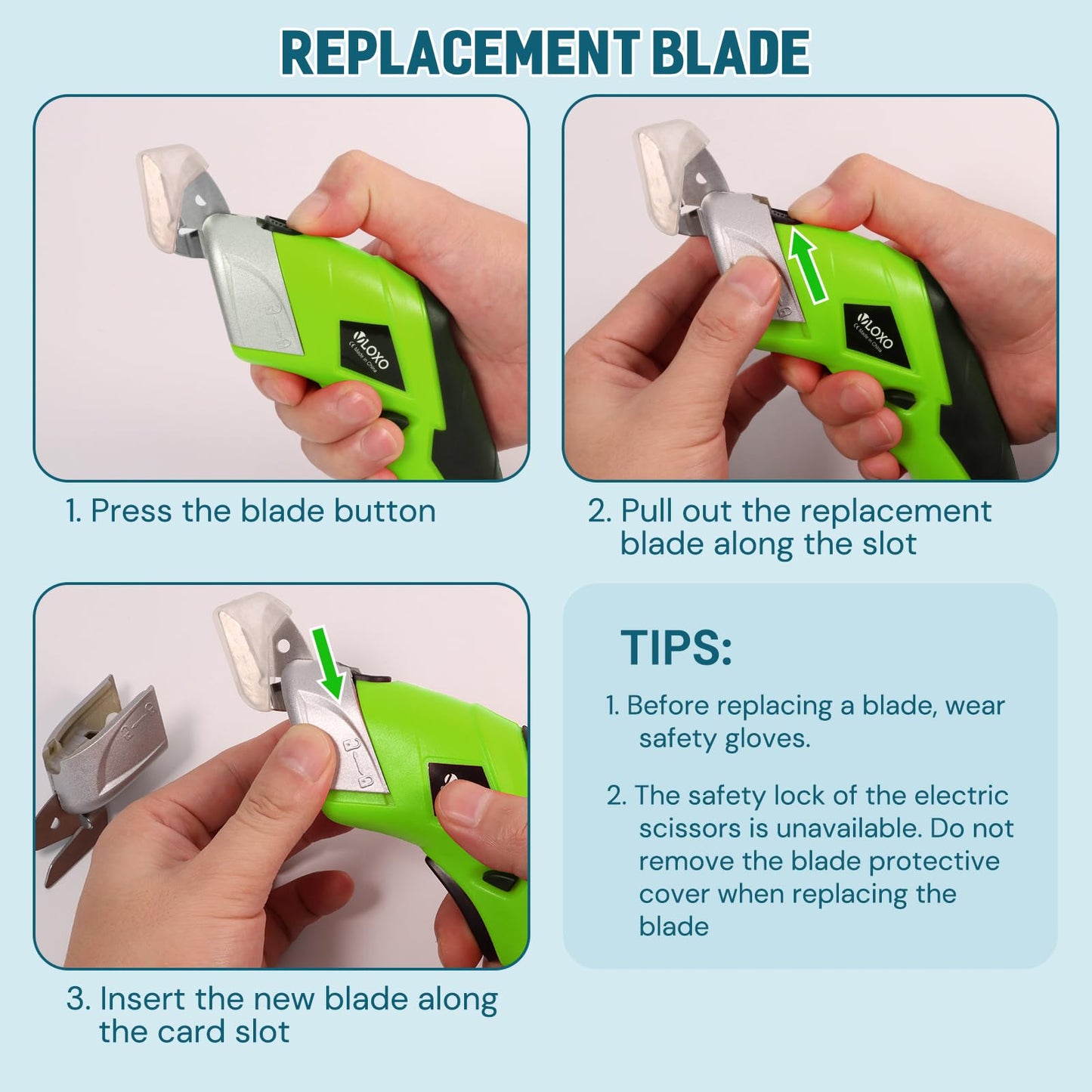 Cordless Electric Scissors, VLOXO Cardboard Cutter Electric Fabric Scissors with Replace Blade Rechargeable Powerful Fabric Cutter for Crafts Leather Carboard Carpet Plastic Felt with Case Green