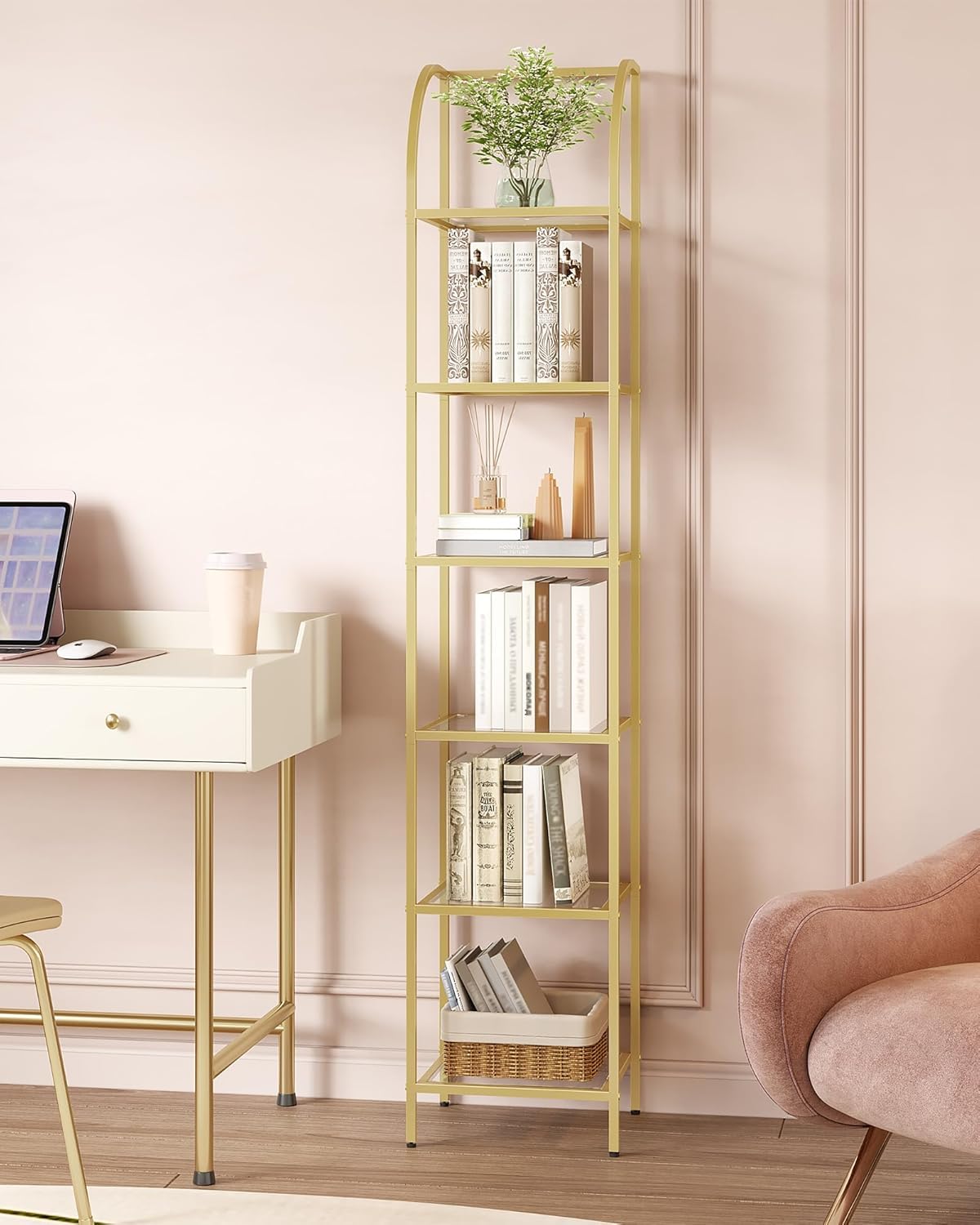 Hzuaneri Bookcase Bookshelf, Tempered Glass Arched Bookshelf for More Storage, Slim Shelving Unit for Bedroom, Bathroom, Home Office, Steel Frame, 6 Tier Gold BC20699G