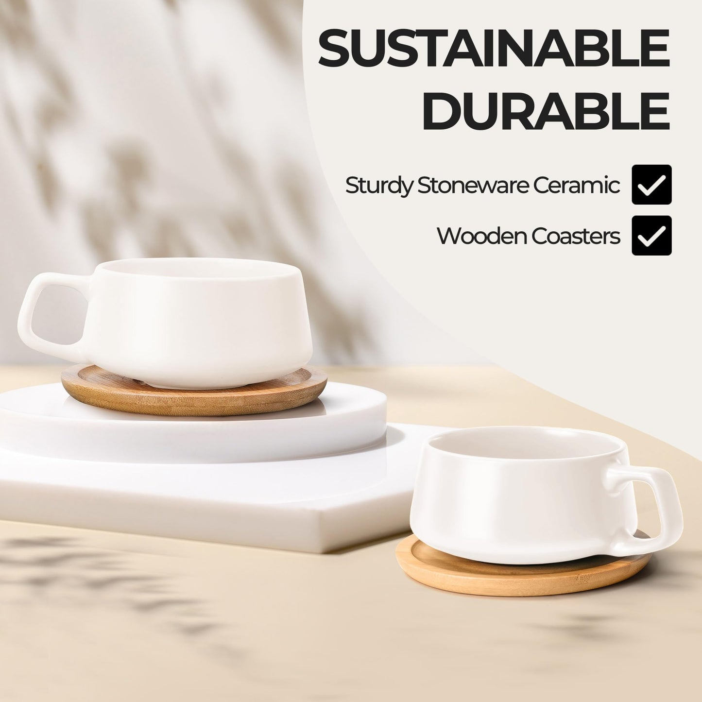 MIAMIO – 320 ml., Set of 4 Ceramic Tea Cup and Saucer Bamboo/Tea Mug - Wide Cappuccino Cup, Coffee Cups Ceramic Mug for Cappuccino, Latte, Espresso & Americano - Luxe Collection (White)