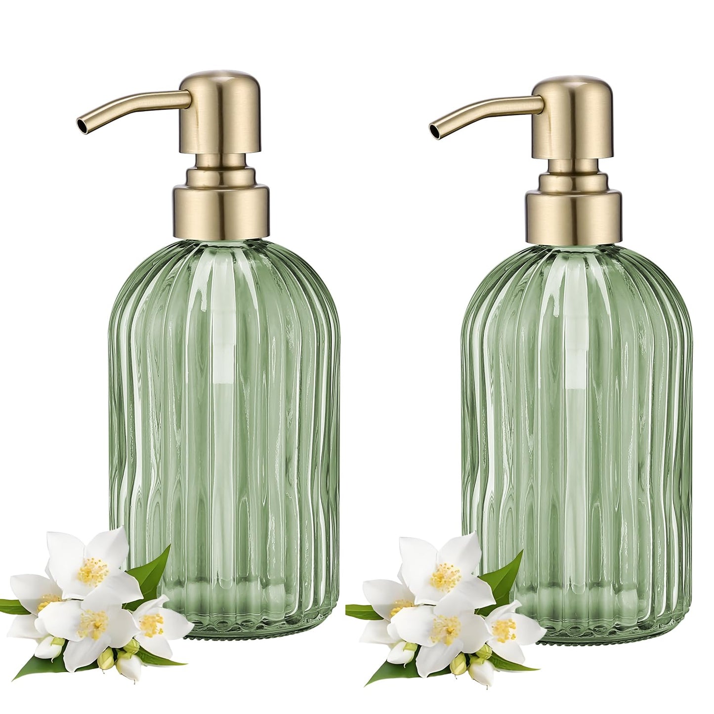 16Oz Green Glass Soap Dispenser with Rust Proof Stainless Steel Pump, Green Stripe Bathroom Hand Dish Lotion Dispensers with Brushed Gold Pump,Brushed Gold Glass Soap Dispenser2 Packs