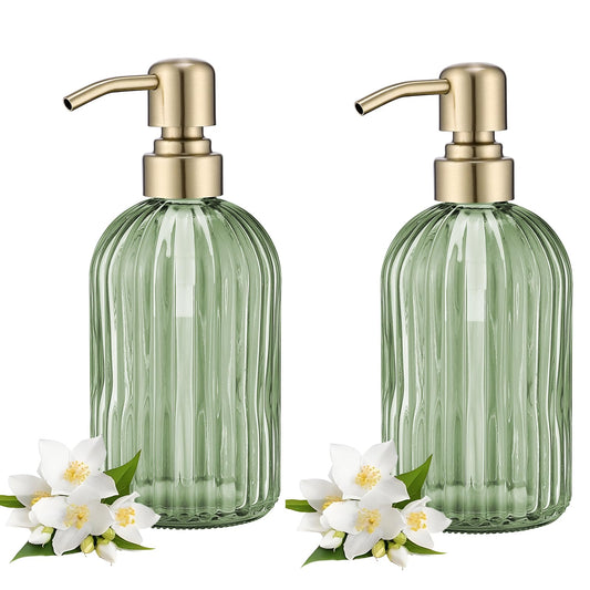 16Oz Green Glass Soap Dispenser with Rust Proof Stainless Steel Pump, Green Stripe Bathroom Hand Dish Lotion Dispensers with Brushed Gold Pump,Brushed Gold Glass Soap Dispenser2 Packs
