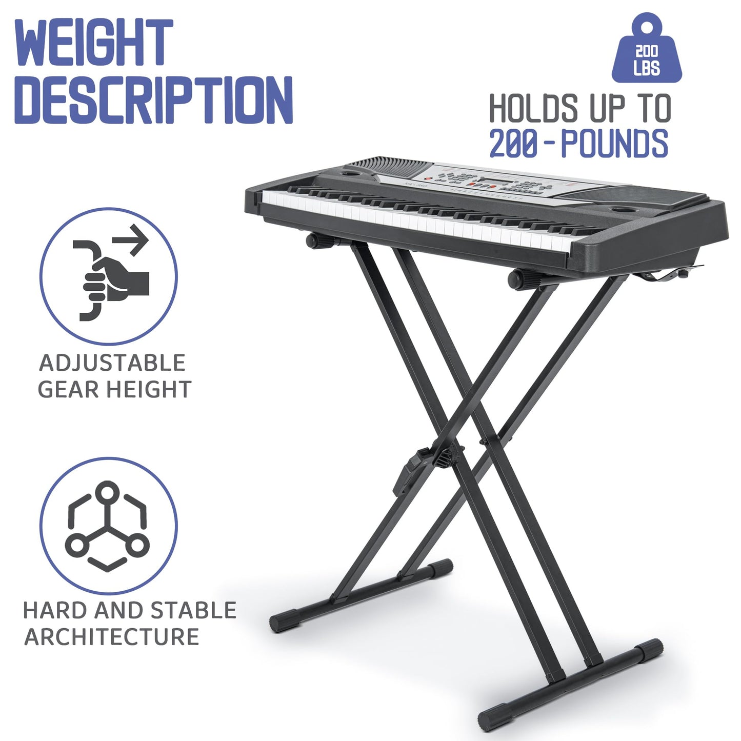 IPEB Double-X Keyboard Stand Adjustable Digital Piano Stand with Locking Straps Height Adjustable for School Musical Program, Choir and Recitals Black