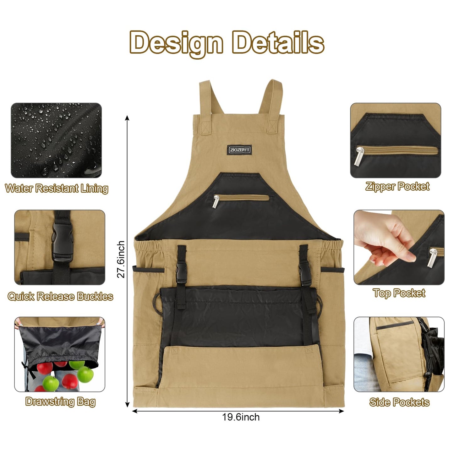 Garden Apron,Harvest Apron with Drawstring Bag and Pockets for Women and Men,Canvas Gardening Tool Belt, Gardening Gifts for Mom,Dad,Brown