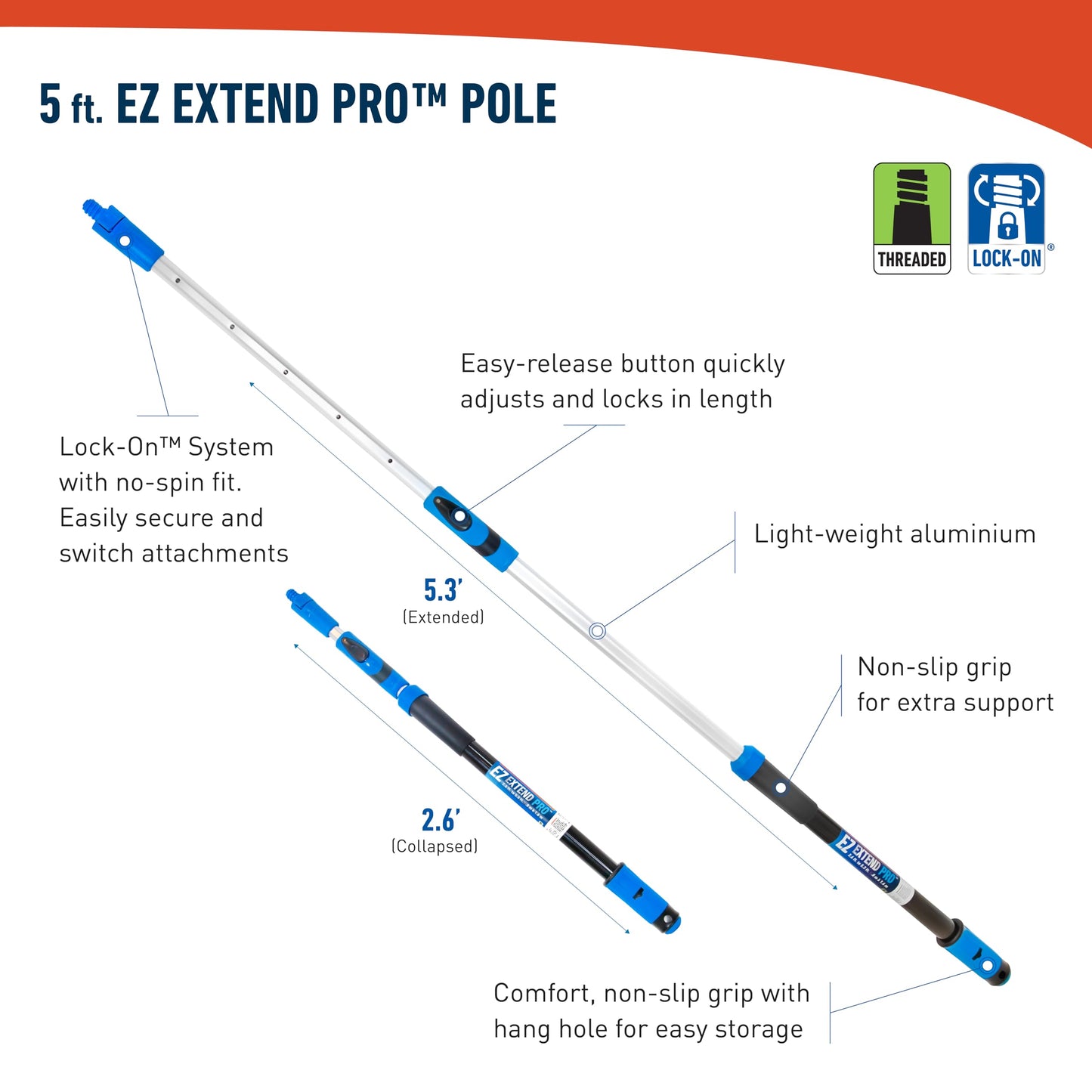 Unger Lock-On EZ Extend Pro Telescopic Pole, Extension from 2.6’ to 5.3’, Aluminum Extendable Poles for Indoor/Outdoor, Floor and High-Access Cleaning, Use with Squeegees, Broom Heads, Brushes & More