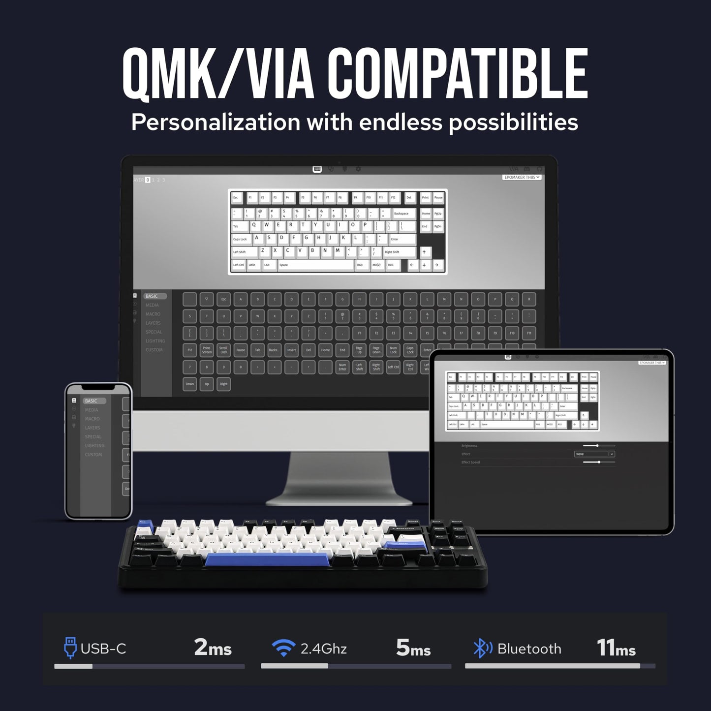 EPOMAKER TH85 QMK/VIA Wireless Mechanical Keyboard, USB/2.4Ghz/Bluetooth Gaming Keyboard, Hot Swappable Custom Keyboard, Gasket Creamy Keyboard for PC/Mac/Office/Gaming (Black&White&Blue)