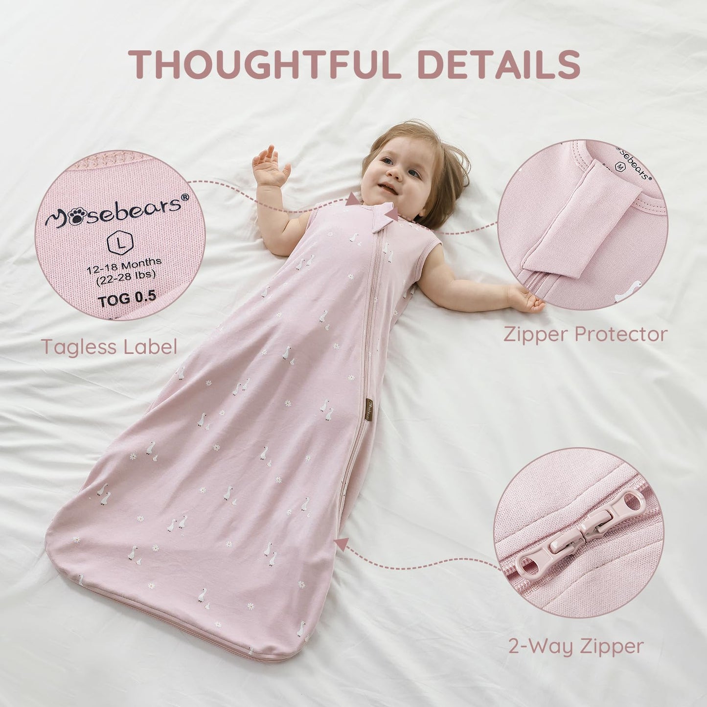 Mosebears Unisex Baby Sleep Sack Summer 0.5 Tog Wearable Blanket,Cotton Breathable with 2-Way Zipper,M(6-12 Months)