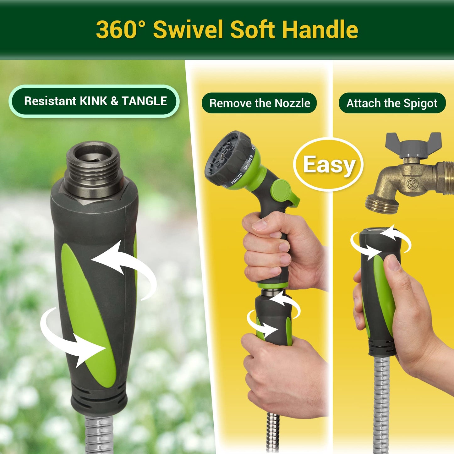 360Gadget Garden Hose - Water Hose 50 FT with Swivel Handle & 8 Function Nozzle, Flexible, Heavy Duty, No Kink, Lightweight Metal Hose for Outdoor, Yard, 304 Stainless Steel