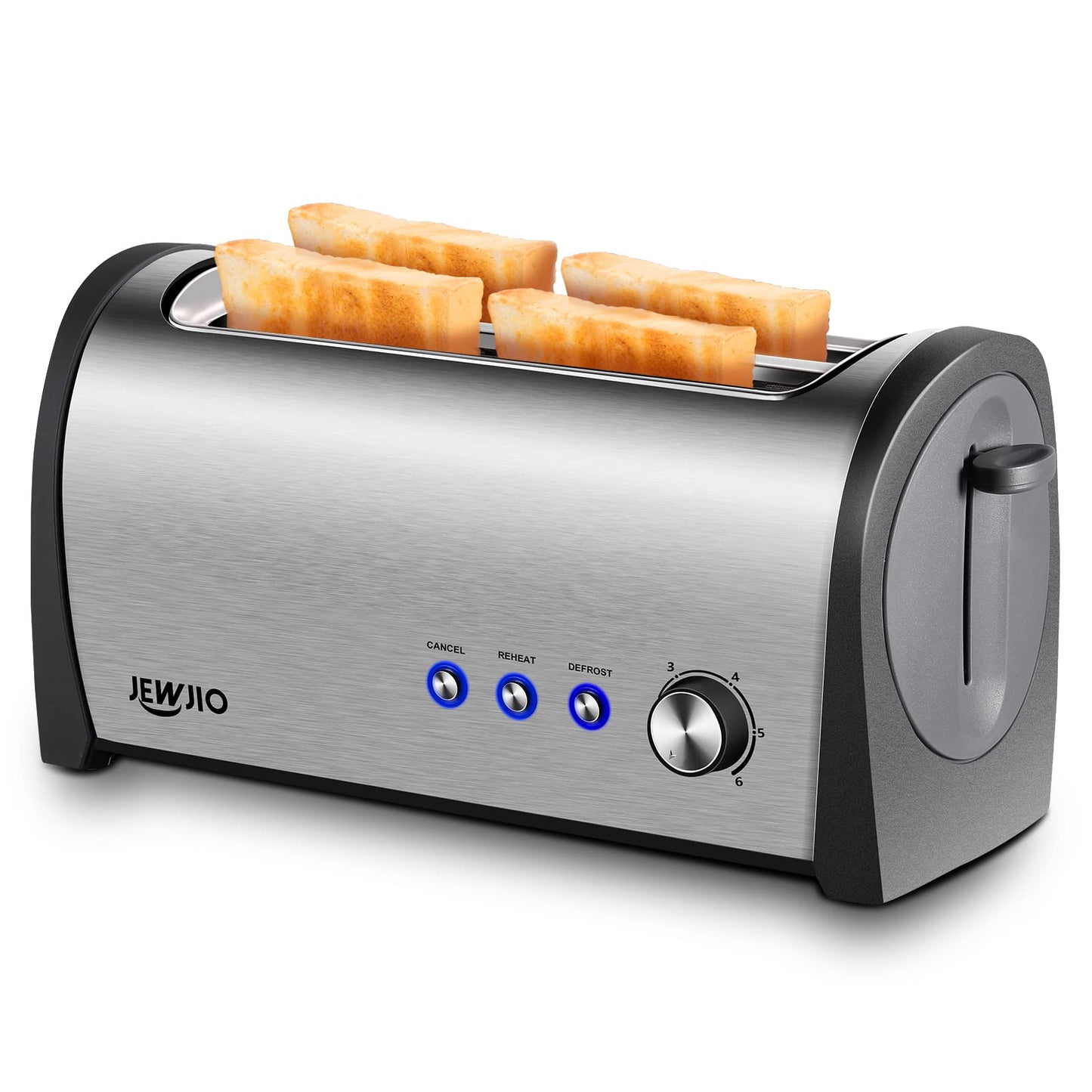 JEWJIO 4-Slice Toaster with Extra-Wide 1.25" Slots & Independent Controls | 1300W for Fast, Even Heating | Defrost, Reheat, Cancel Functions | Removable Crumb Tray Brush Silver