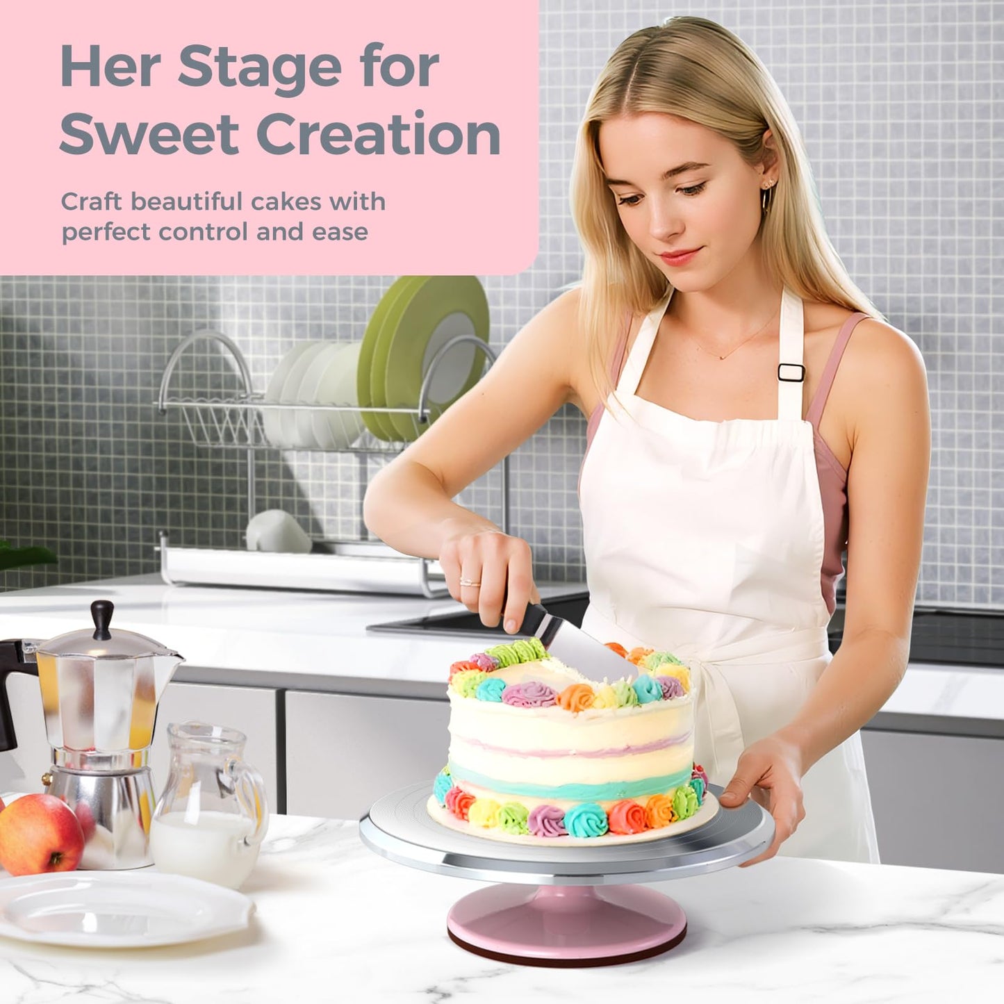 Ohuhu 12 Inch Cake Turntable - 360° Rotating Aluminum Cake Stand Decorating Kit with 2 Icing Spatulas & 3 Smoother Tools, Professional Baking Supplies for Home, Parties, Picnics, Gift for Mother