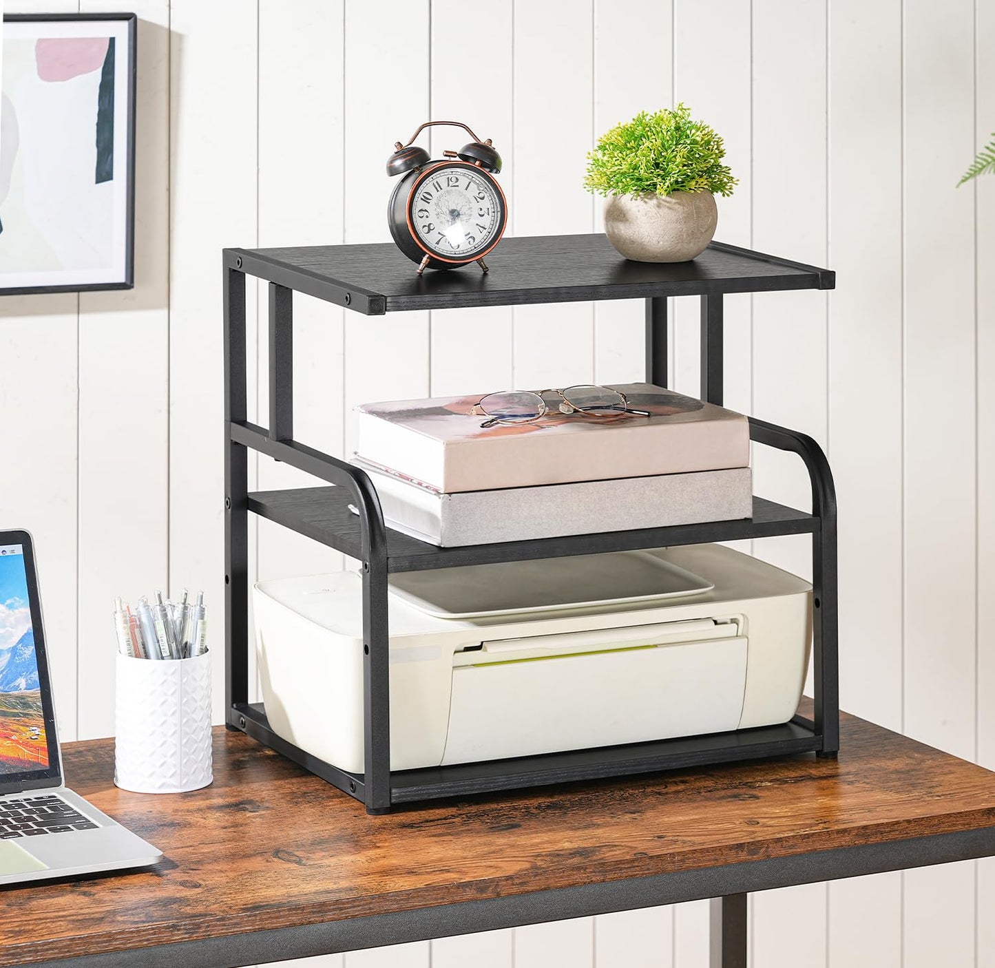HOOBRO Printer Stand, 3-Tier Desktop Printer Table, Under Desk Storage Office Organizer, Storage Rack with Adjustable Shelf, for Home Office, Kitchen, Living Room, Black BB06PS01