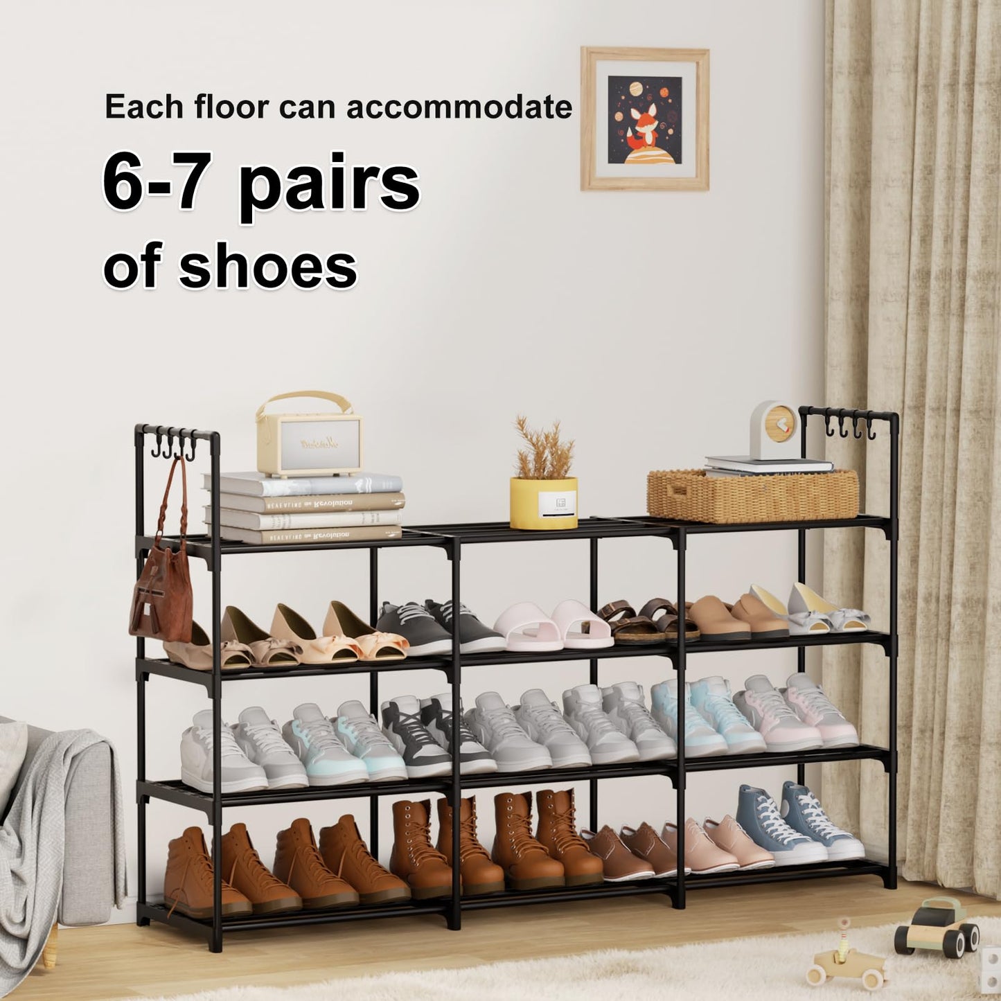 DYJIEKAI 3 Row 4 Tier Long Shoe Rack, Black Metal Stackable Shoe Shelf with Multifunctional Hooks, Shoe Storage Hold 24-30 Pairs, Space Saving Shoe Organizer for Closet,Wide Shoe Rack