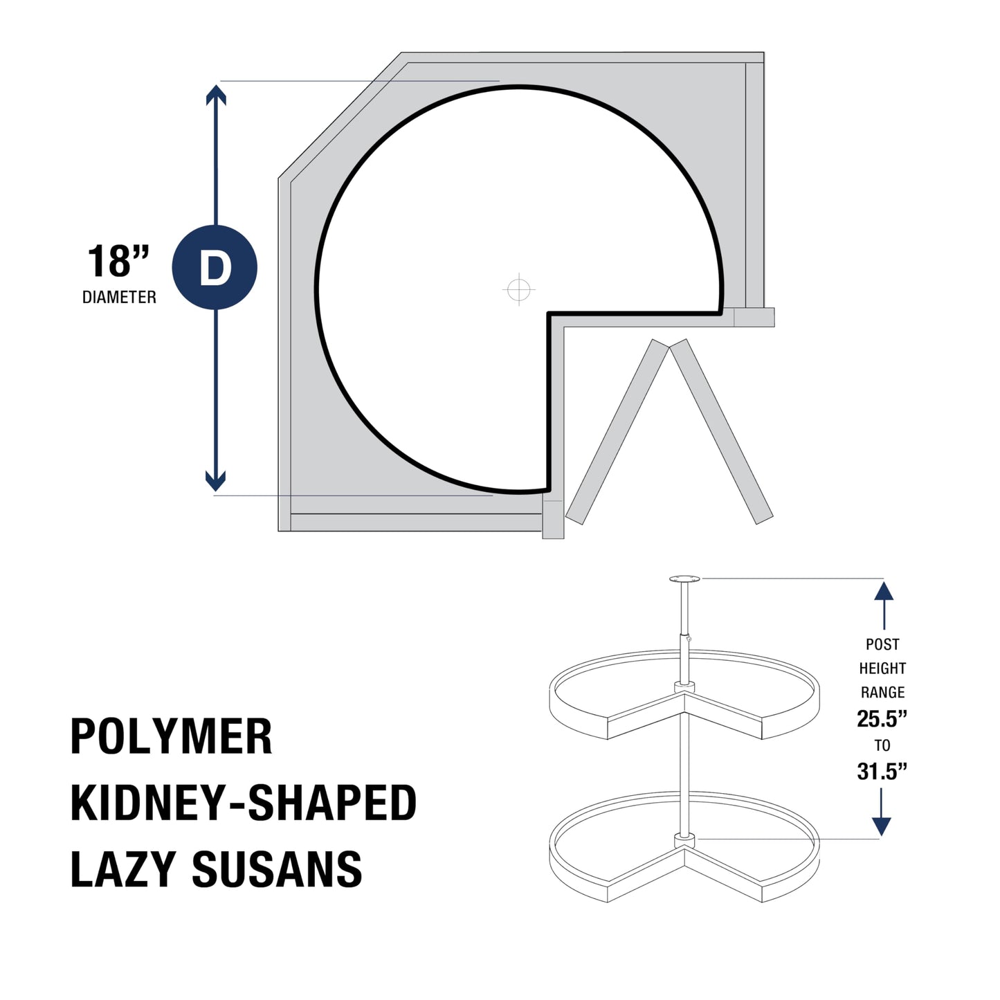 Knape & Vogt PKN18ST-W Kidney Shaped Polymer Lazy Susan Cabinet Organizer, 31.5 by 18 by 18-Inch