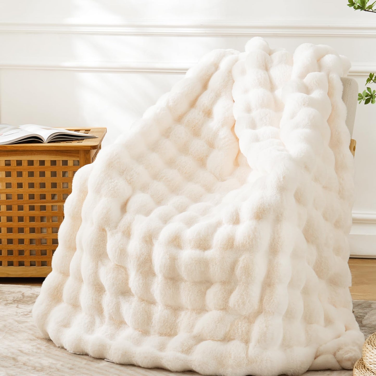 BENVWE Faux Fur Throw Blanket for Couch - Cozy Fuzzy Soft Plush Fluffy Thick Luxury Minky Bubble Blanket for Living Room Home Decor - Mothers Day Birthday Gifts for Women, Cream White, 51" x 63"