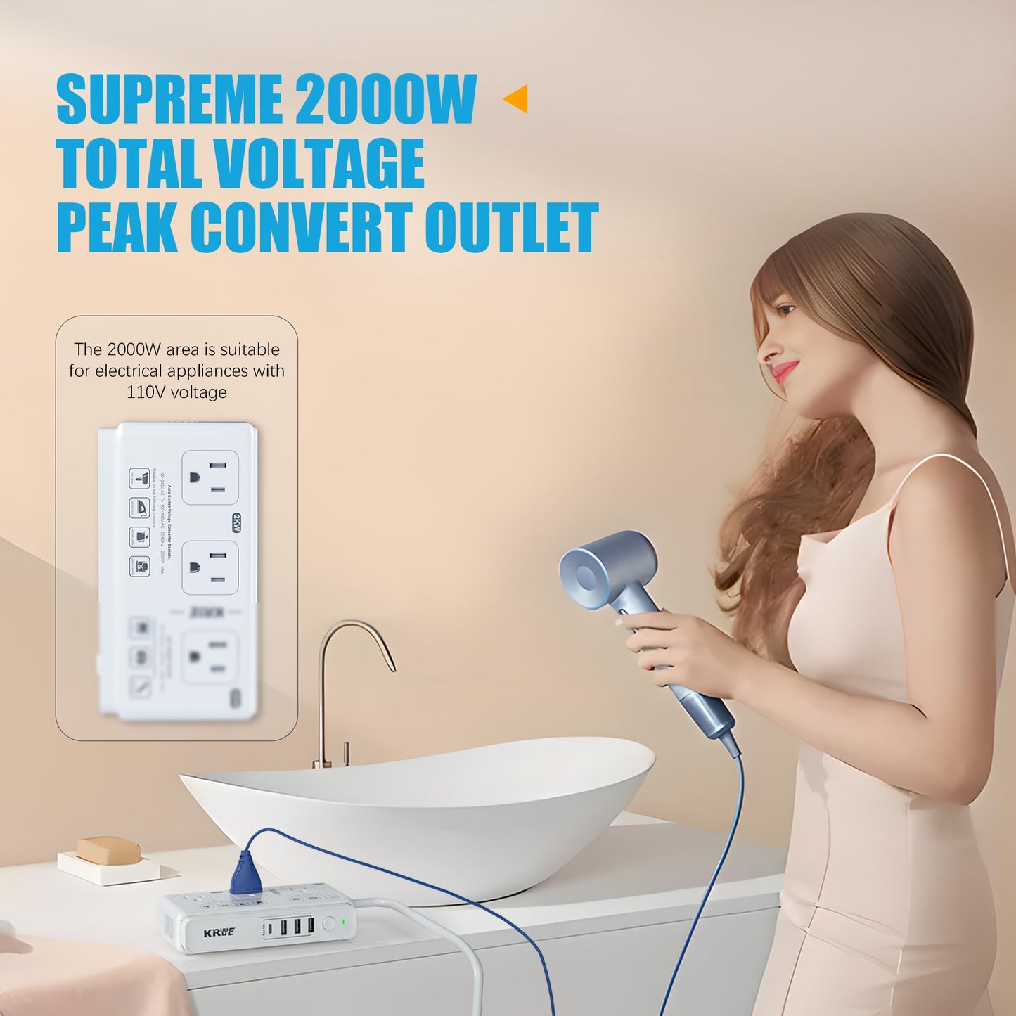 220v to 110v Voltage Converter Adapter: International US to Europe Travel Power Strip Plug Transformer - 2000W Electric Hair Dryer Step Down Outlet Converters for US European UK EU Italy