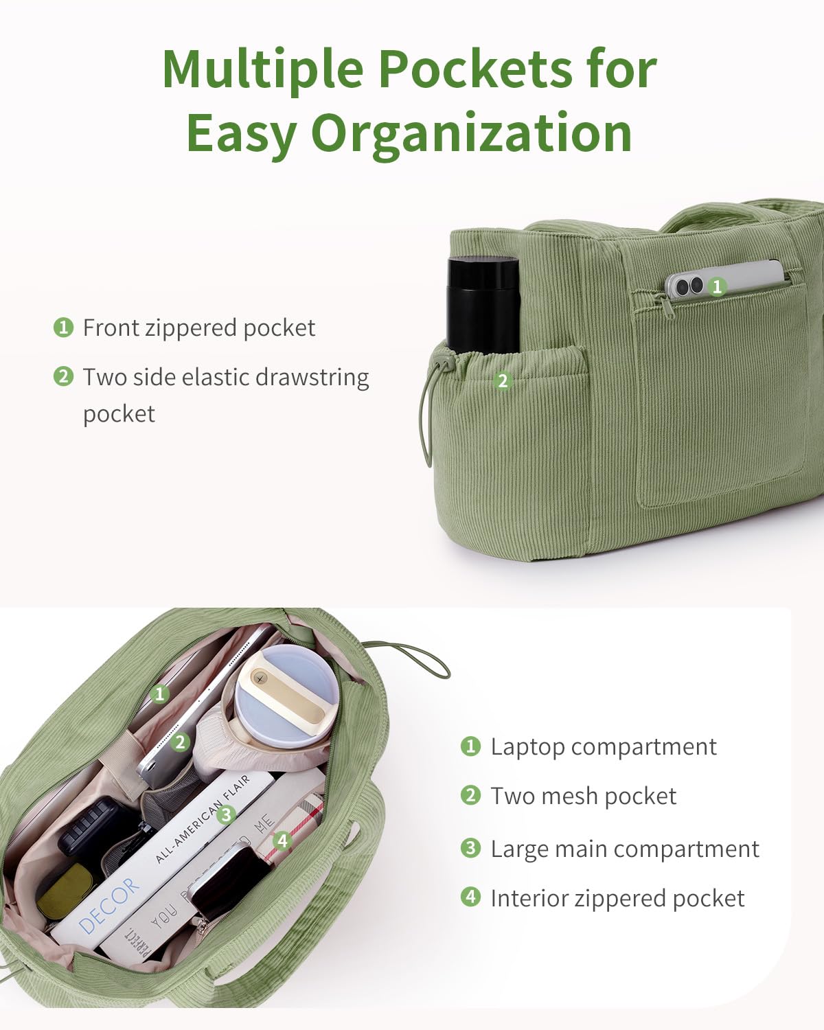 ECOHUB Tote Bag for Women, Work Tote Bags with Laptop Compartment, Large Corduroy Tote Bag with Stanley Cup Holder, Shoulder Bag Handbag for Travel Weekend Gym Green