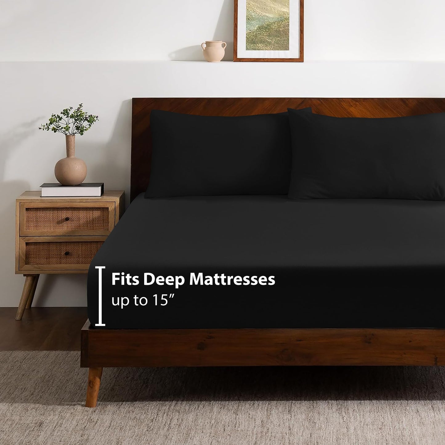 EnvioHome 100% Cotton Jersey Knit King Sheet Set - 4 Piece, Ultra Soft T-Shirt Feel, All Season, Breathable King Sheets, Snug Fit (Deep: 15") - Black