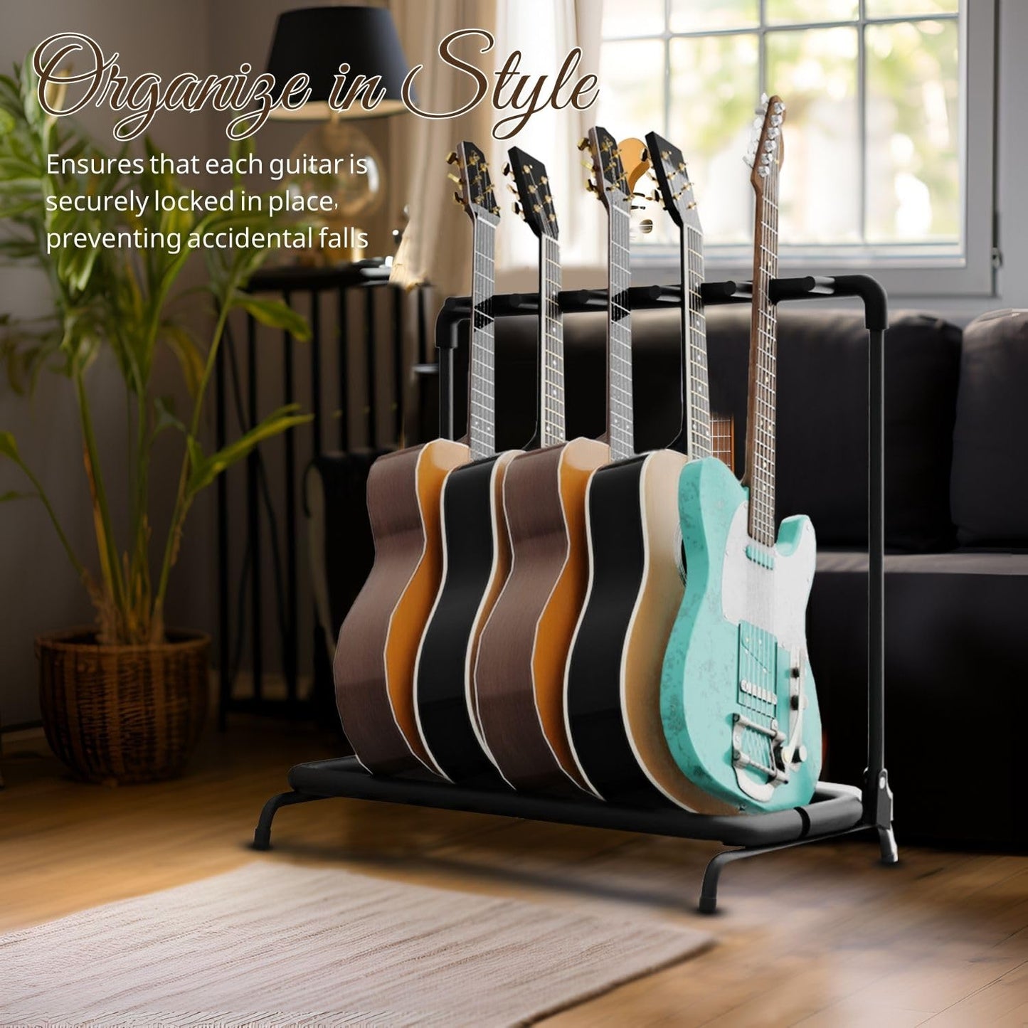 Flexzion 5 Guitar Stand Rack - Metal Construction Multi Guitar Rack & Guitar Organizer, Foldable 5 Guitar Holder Stand with Padded Foam Tubing for Electric, Acoustic, Classical Guitars & Basses