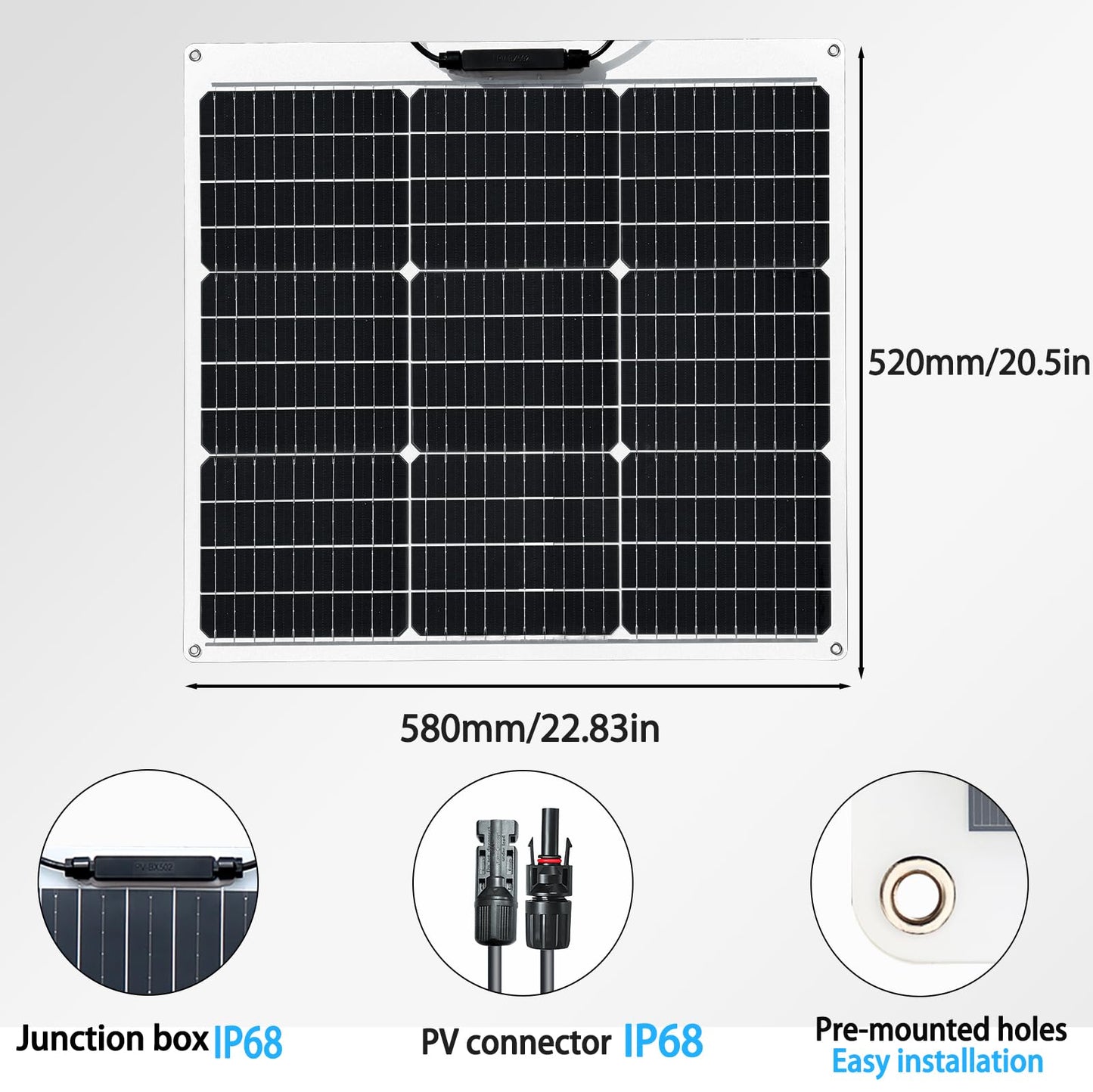 Flexible solar panel 50W 12V Monocrystalline Module Fiberglass Lightweight Charge for RV Trailer Boat Cabin Van Car Uneven Surfaces