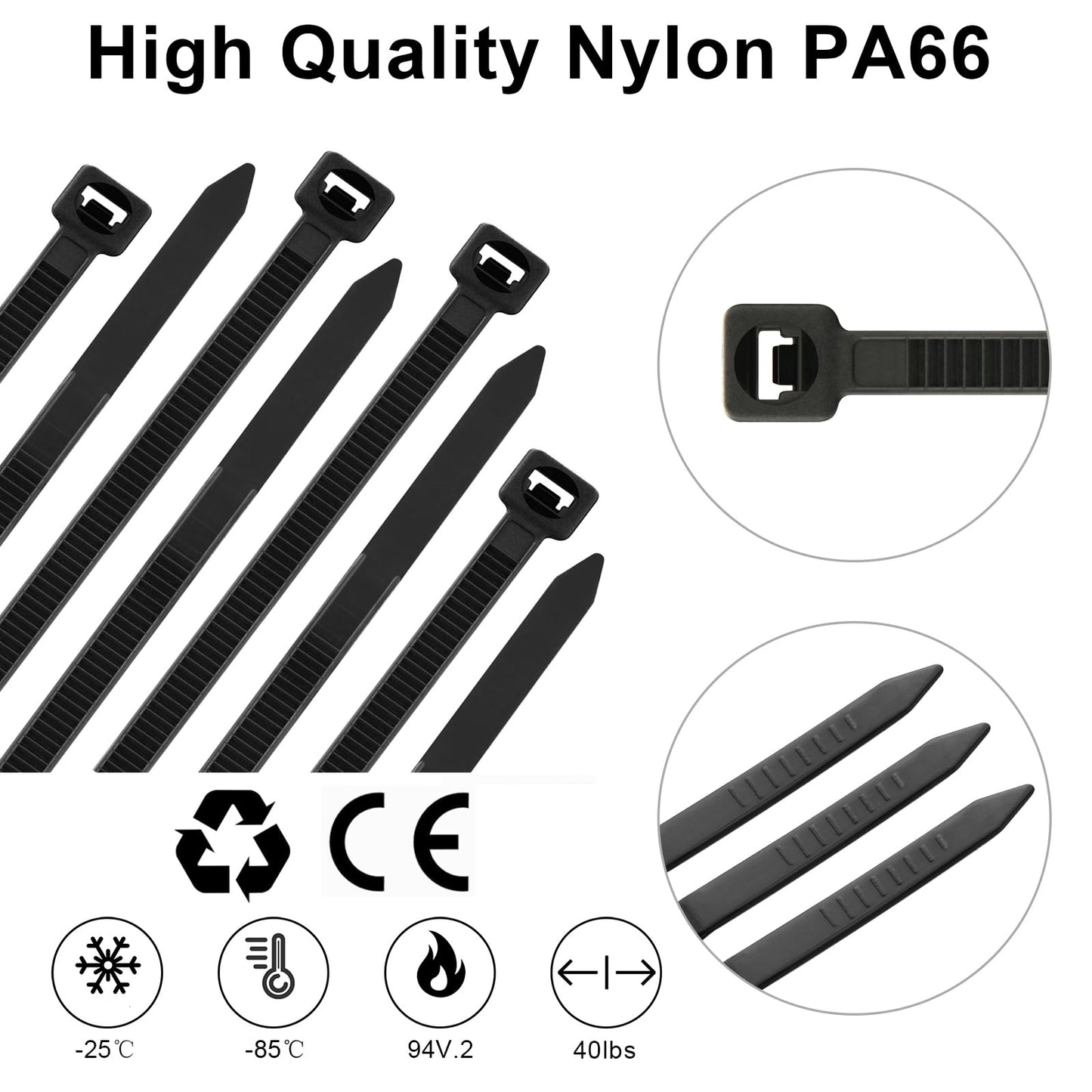 AWYZ Cable Ties 2000 Pack, 8 inch Zip Ties Black, 200 x 3.6 mm Nylon Long Tie Wraps UV-Resistant Self-Locking Zip Ties with Tensile Strength 40 lbs for Gardening, Office, Workshop and Outdoor