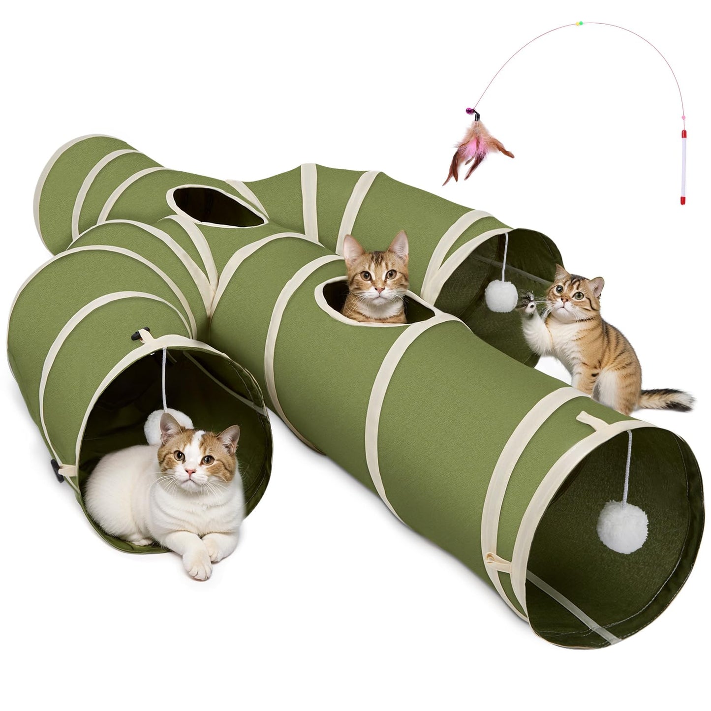 Ownpets Cat Tunnel, Larger Cactus Shape Pet Tunnel with Sturdy Oxford Fabric, Foldable and Resistant to Tearing, Featuring Multiple Exits, Hanging Ball and Teaser Wand,Grey, 11.8” Diameter