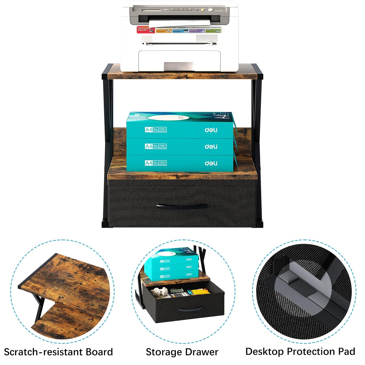 aboxoo Printer Stand for Desk with Storage Drawer, 2 Tier Desktop Or Under Desk Shelf, Multi-Purpose Desks Organizer for Home Office, fit Fax Machine/3D Printer/Scanner, Rustic Brown
