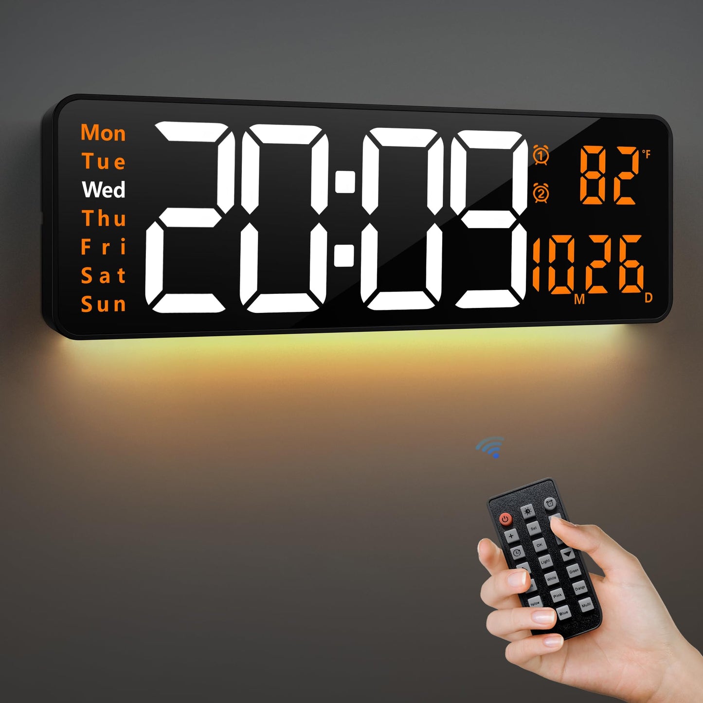 LEIKE 16.2'' Large Digital Wall Clock with Remote Control, Dual Alarm Wall Clocks for Living Room, Bedroom, Kitchen Decor, Modern Large LED Dispaly, Auto Brightness, Date, Auto DST, Temperature