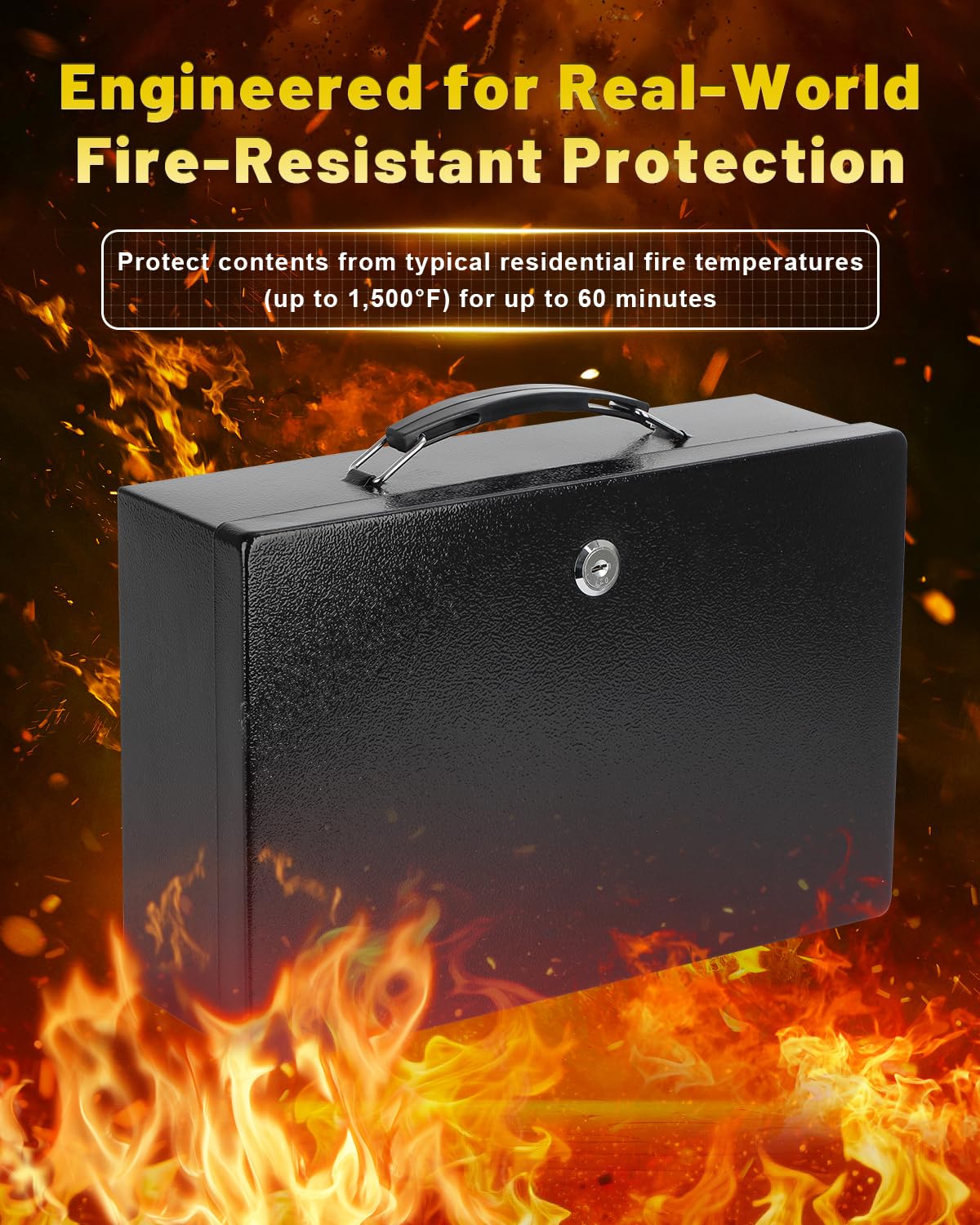 KYODOLED Fireproof Document Box with Key Lock, Small Lock Boxes for Personal Items, Fire and Water Resistance, Fireproof Safe Box for Documents, Jewelry, Passport, Cash, 12.6'' x 8.3'' x 4.3'' Black