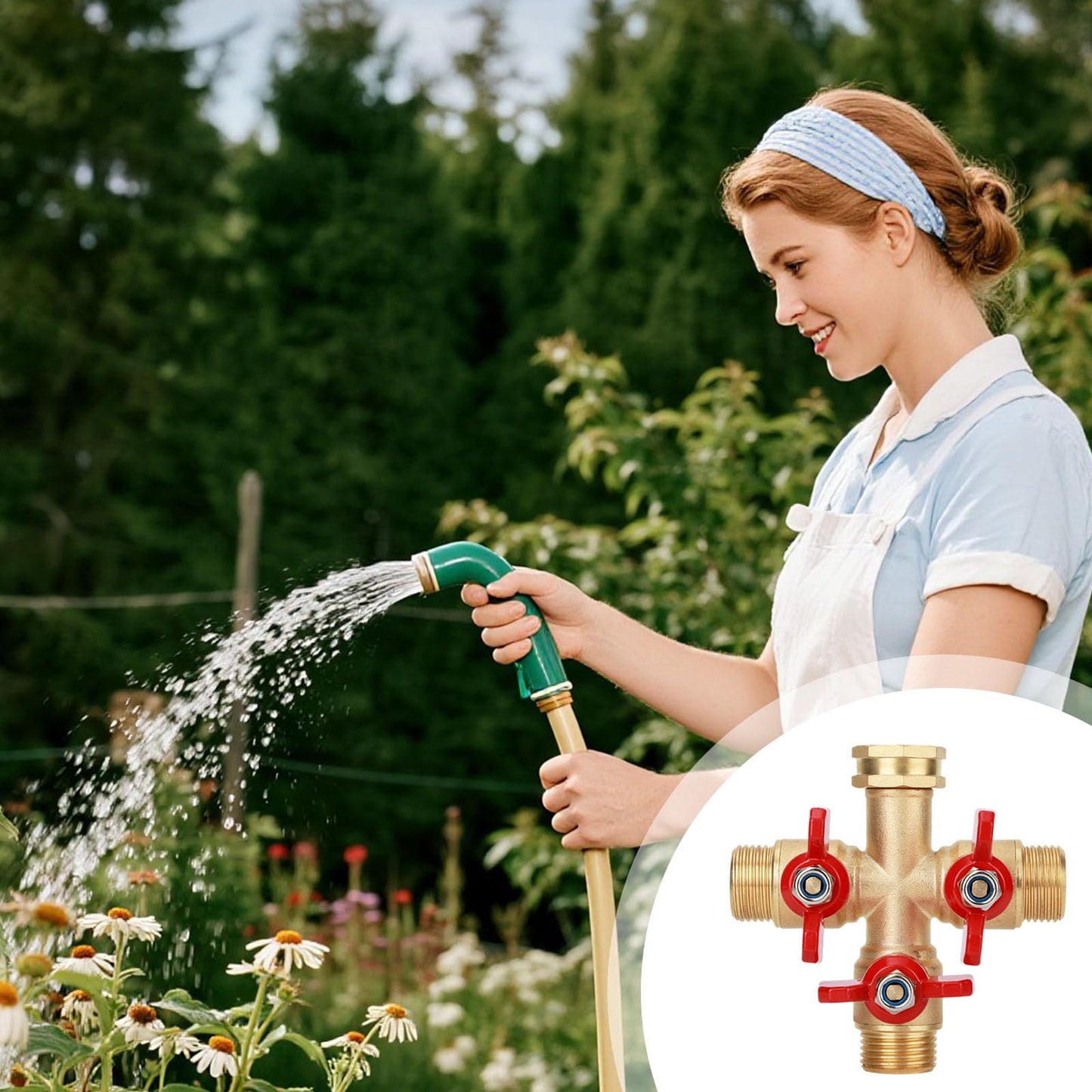 3 Way Brass Hose Splitter with 4 Sealing Gaskets, 3/4 Inch Heavy Duty High Flow Spigot Splitter with 3 Shut-Off Valves Leak-Proof Outdoor Faucet Connector for Yard Lawn Irrigation Systems