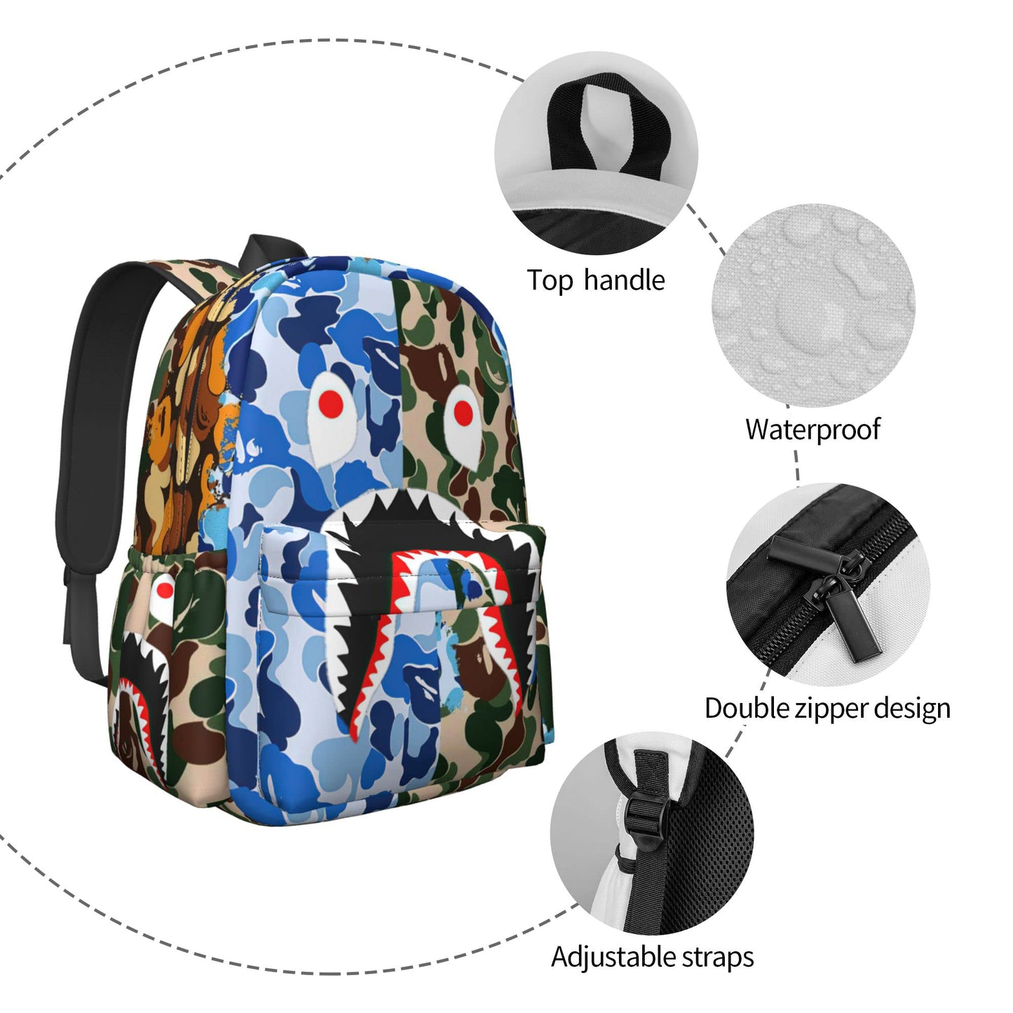 Vkaxopt Backpack Shark Teeth Camo Backpacks Travel Laptop Daypack Big Capacity Bookbag Fashion Durable for Men and Women, Blue Shark Camo, One Size, Fashion