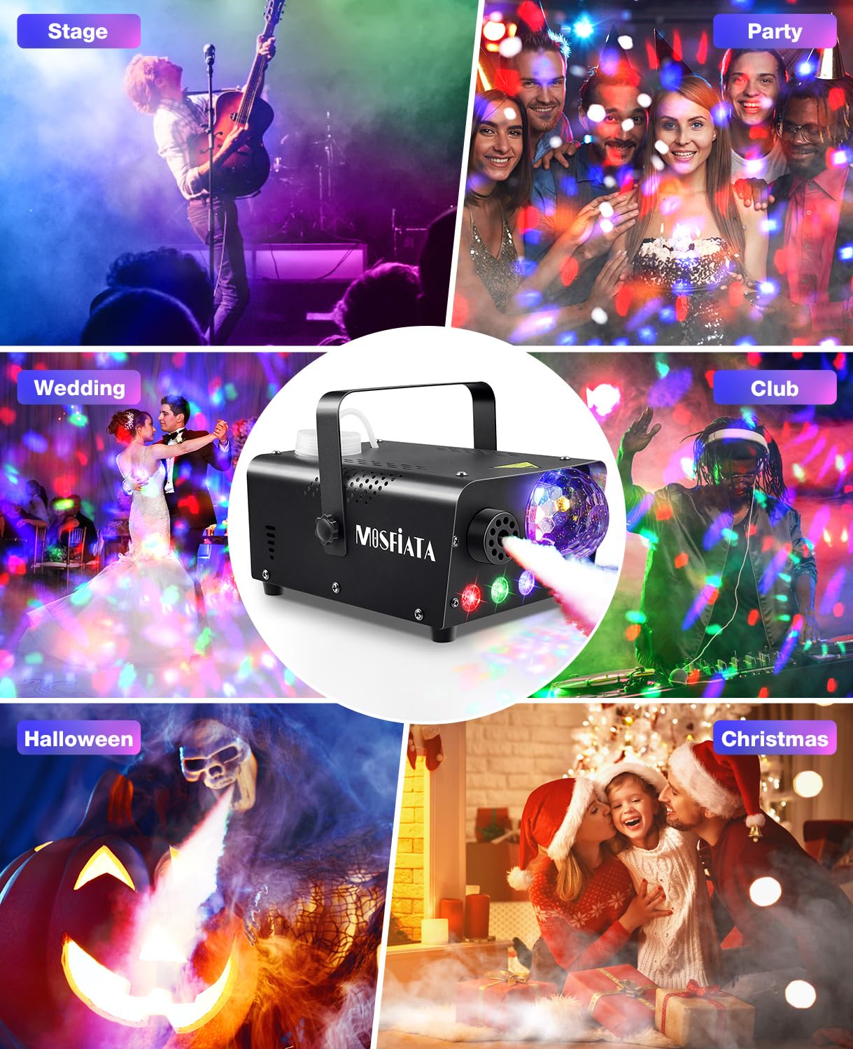 MOSFiATA Fog Machine with Disco Ball Lights 600W Smoke Machine with RGB LED Lights, 2300 CFM Spray, Remote Control, Perfect for Halloween, Christmas, Wedding, Party, Club, DJ Stage Effect