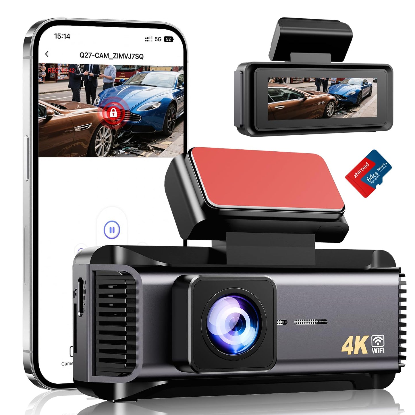 Dash Cam 4K Front, Built-in 5G WiFi Dash Camera for Cars, 64GB Card Included, Mini Dashcam with Loop Recording, 170°Wide Angle, Night Vision, 24H Parking Monitor, G-Sensor, Support 256GB Max