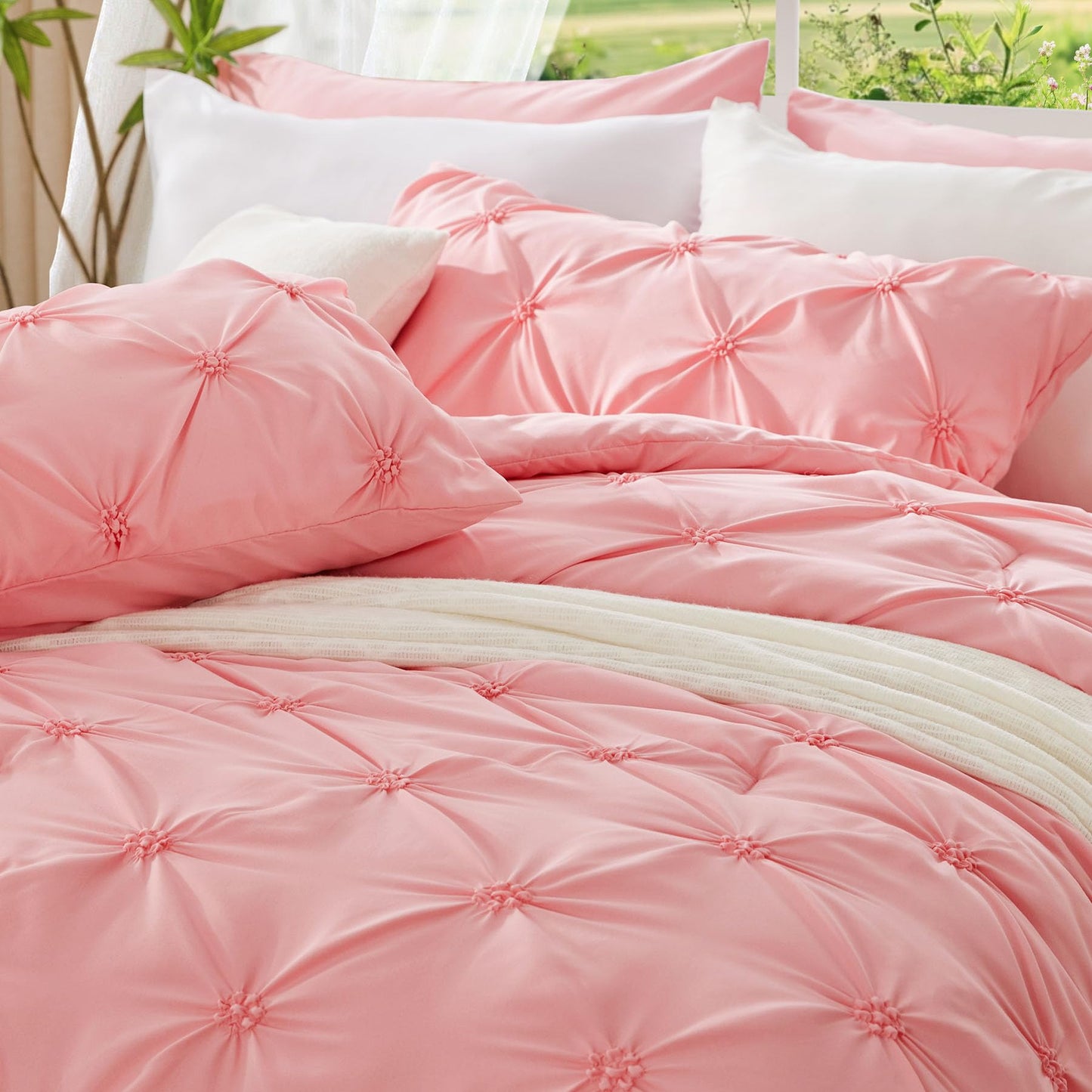 BEDELITE Queen Comforter Set Pink - 3 Pieces Boho Pintuck Bedding Sets, Queen Size Bed Set with 2 Pillow Shams for All Seasons, Room Decor Valentine's Gift,Lightweight Soft and Warm