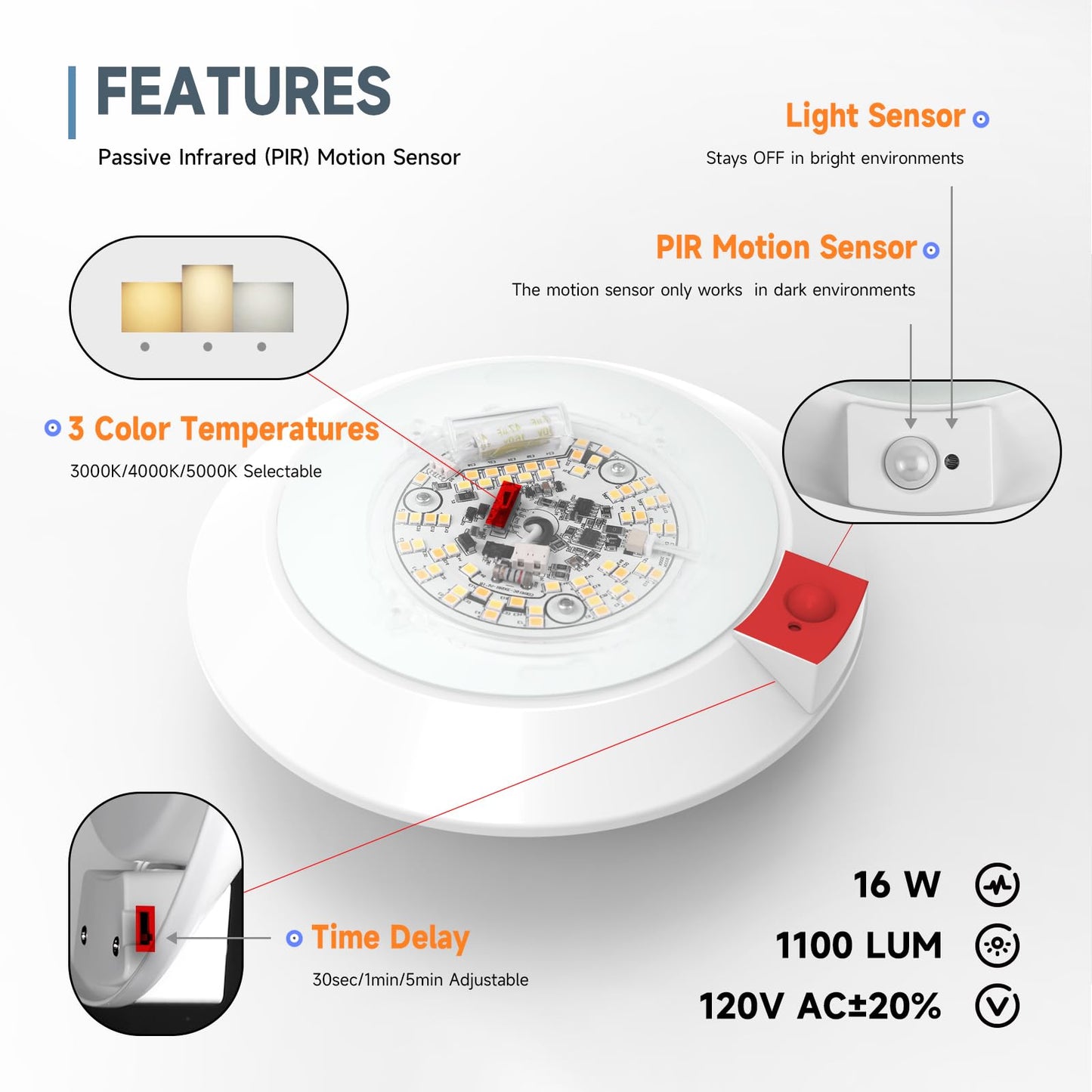 ECOELER 2 Pack PIR Motion Sensor Ceiling Light, 3CCT Selectable Occupancy Light with Time Countdown & Dusk-to-Dawn Sensor, 16W 1000Lm, Motion Light for Garage, Hallway, Stairwell