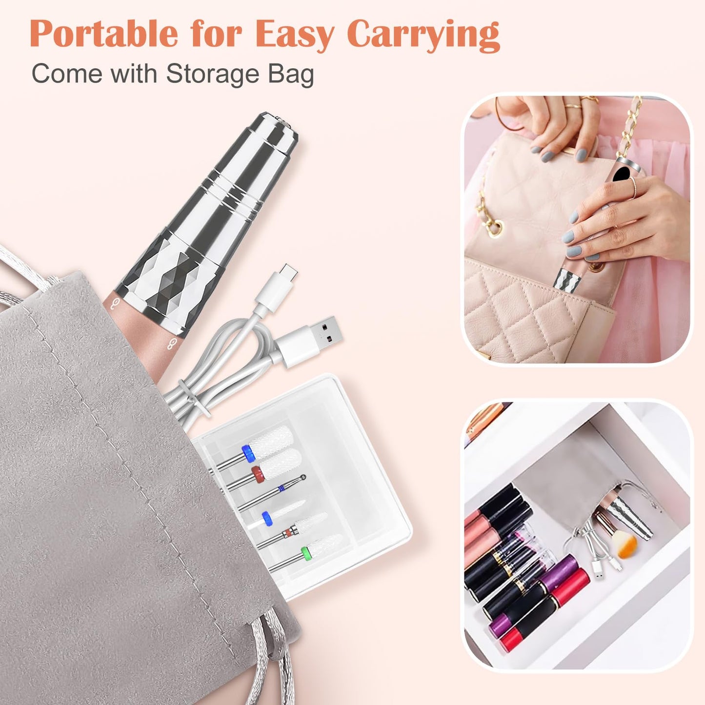 Enniewi Electric Nail Drill 35000RPM Professional Cordless E File, Rechargeable Nail Tools for Acrylic Gel Nails, Portable Manicure Pedicure Kit with Travel Bag, 6 Nail Drill Bits