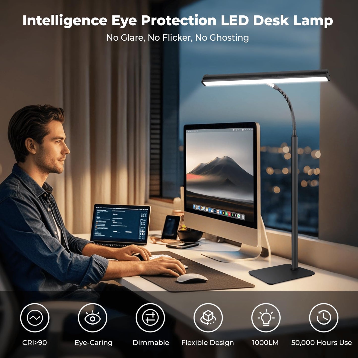 Desk Lamp for Home Office, Eye-Caring Architect LED Table Lamp, 3 Color Modes & 10 Brightness Level Desk Lamp, Adjustable Flexible Gooseneck, 21.5inch Tall Desk Light for Work Study Reading (Black)