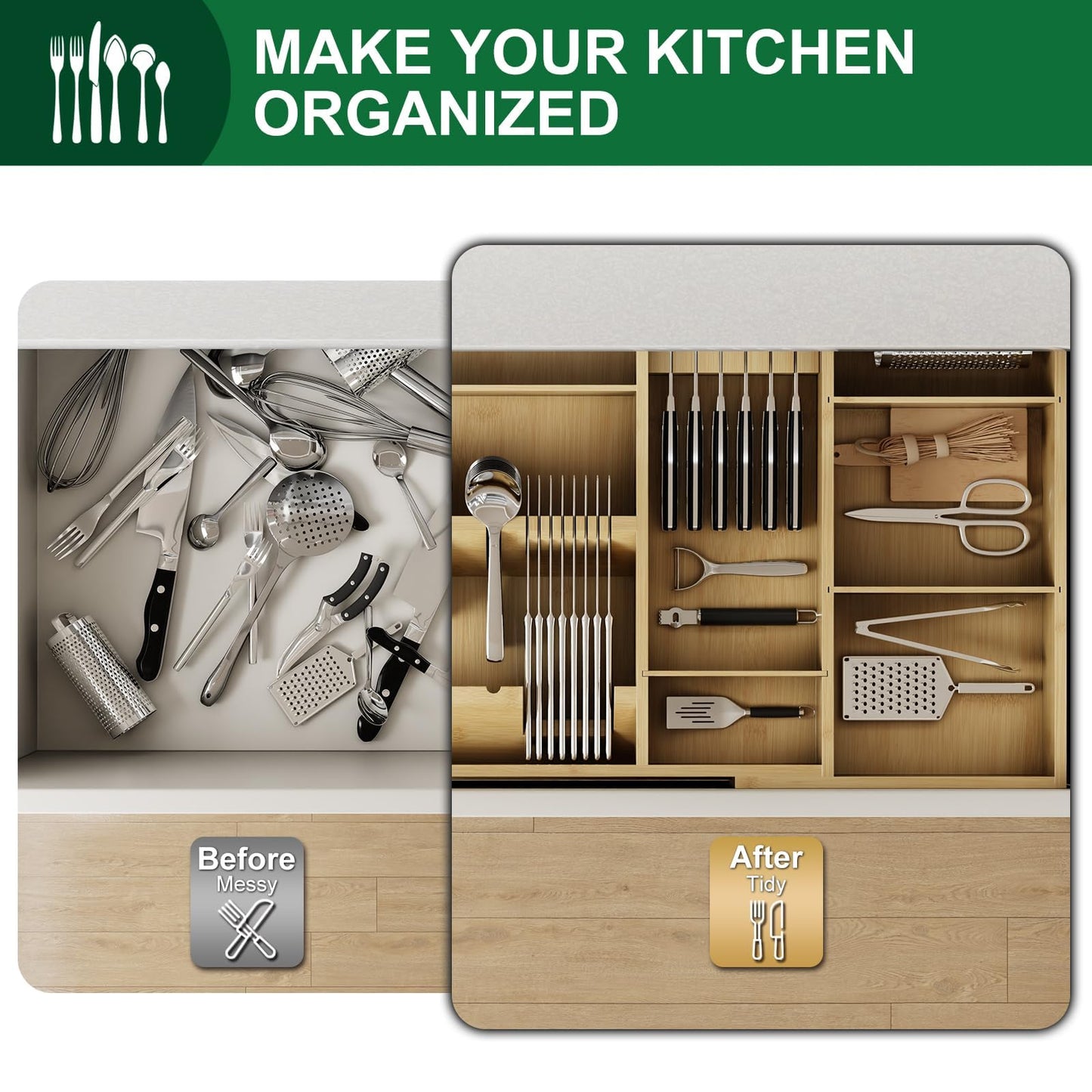 Landmok Large Bamboo Cutlery Organizer, 17.7-29.5 Inch Expandable Utensil Drawer Organizer, 8-Slot Kitchen Drawer Organizer with Removable Card Slots & Knife Block for Spoons Butter Knives, Natural