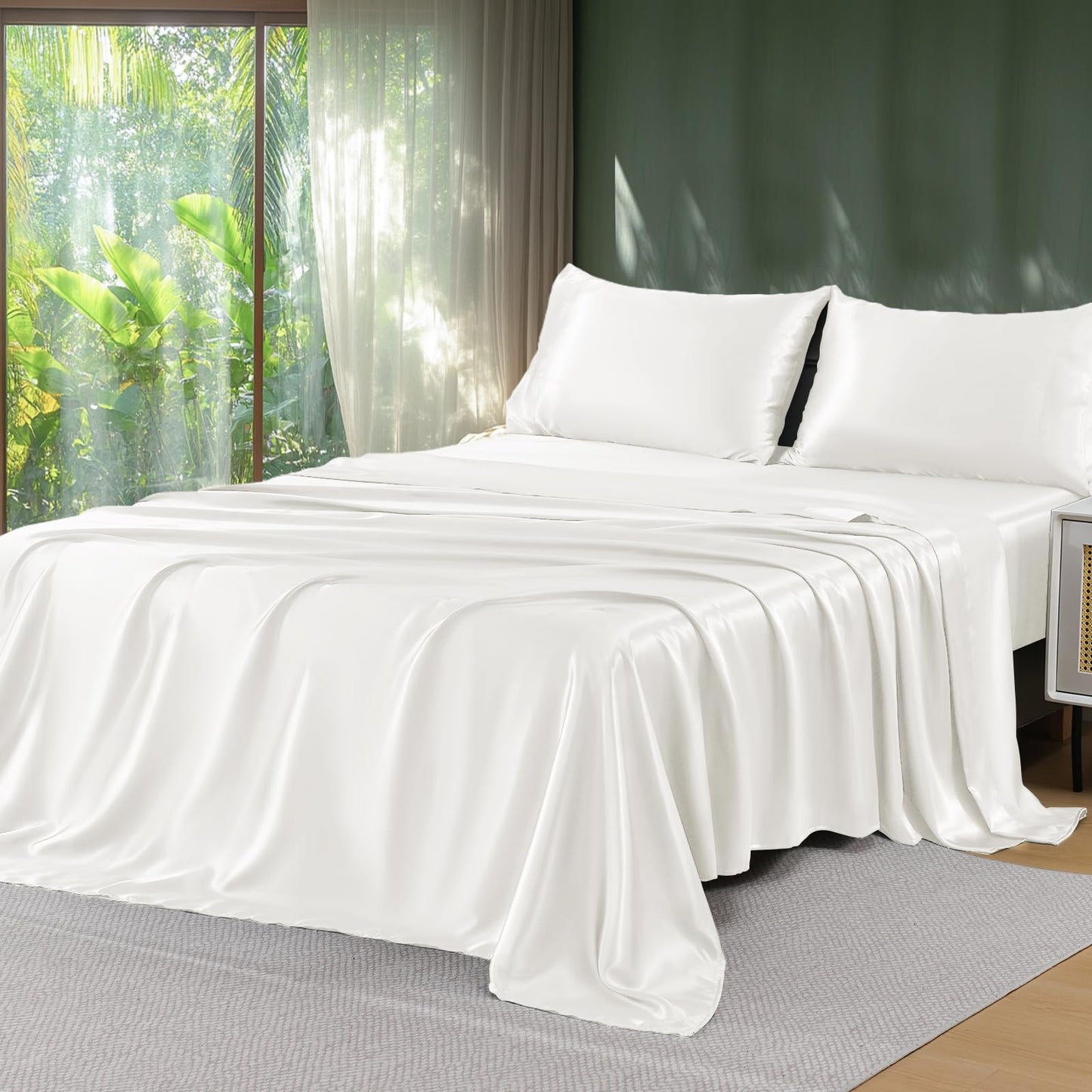 Sasttie Satin Sheets Queen - 4 Pieces Luxury Soft White Silky Bed Sheets Set with Pillowcases - Smooth Silk-Like Drap Satin Fabric, Reinforced 14 Inches Pocket, Oeko-Tex Certified