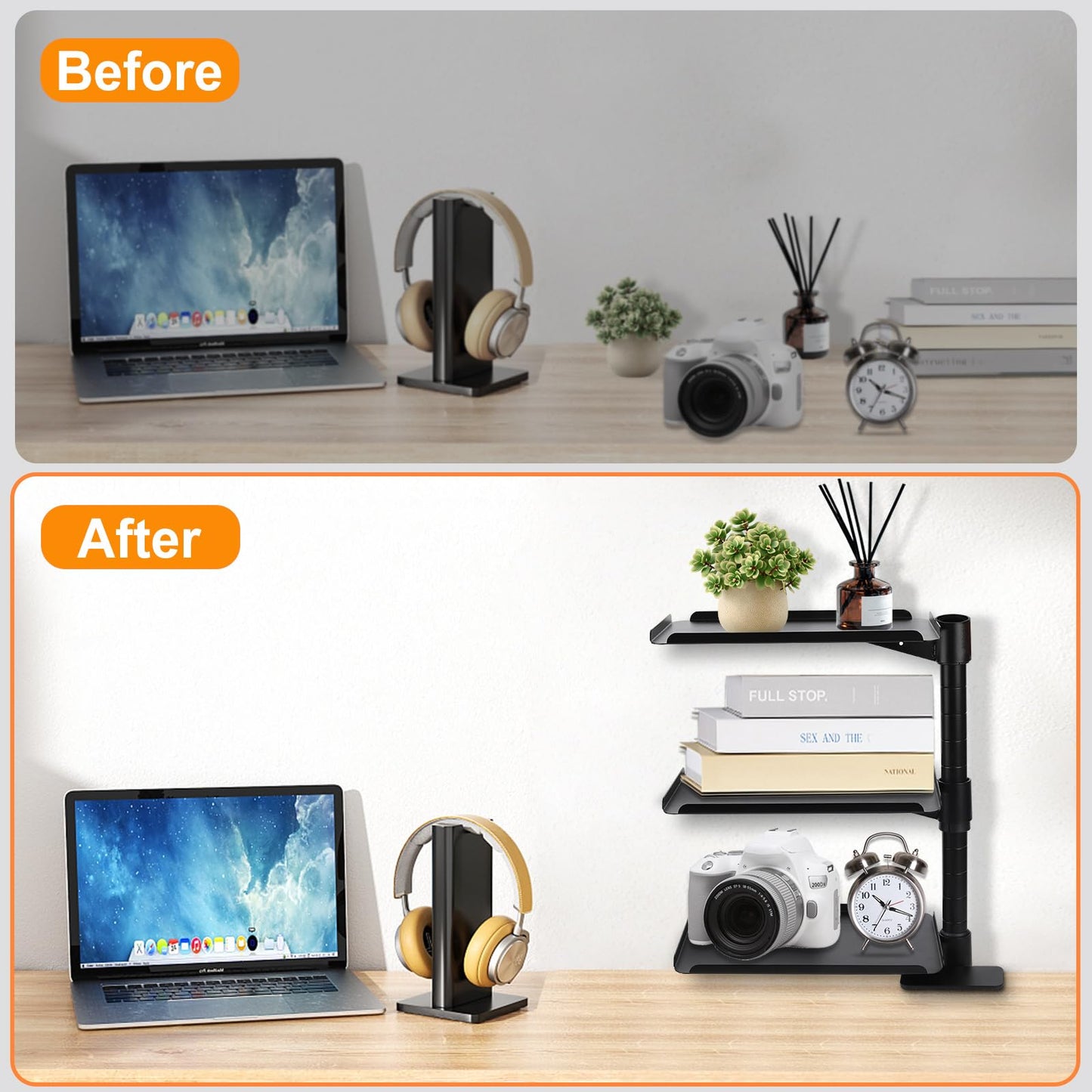 FBOAZI 3 Tier Clamp On Desk Shelf，Adjustable Above or Under Desktop Organizer ，360° Rotatable Carbon Steel Storage Tray for Home Office and Gaming Accessories（Black）