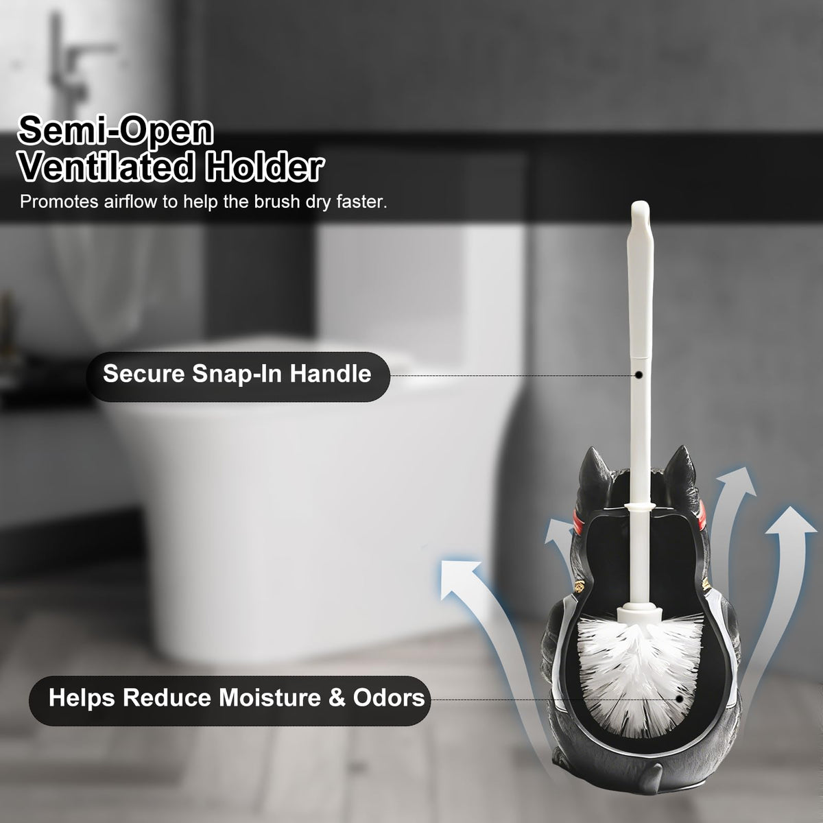 Home Luxe Bulldog Toilet Brush and Holder Set, Resin Decorative Dog Design, Weighted Non-Tip Base, Long Handle, Stiff PP Bristles (Hip-Hop Pup - Black)