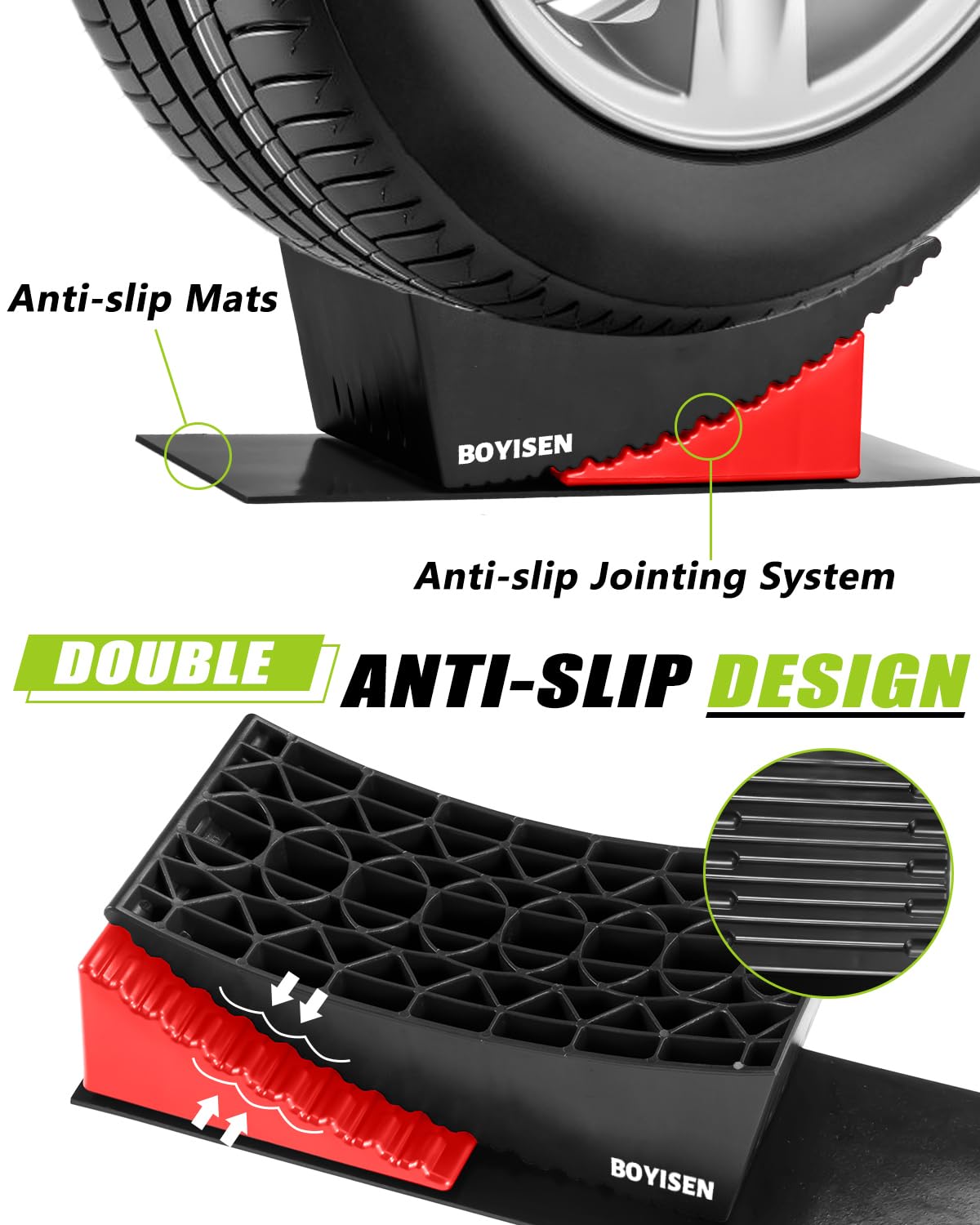 BOYISEN Camper Levelers 2 Pack - RV Leveling Blocks Ramp Kit Support Dual Axles Tandem Wheel Up to 35,000lbs RV Levelers with 2 Levelers 2 Chocks 2 Anti-Slip Mats and Carrying Bag Black