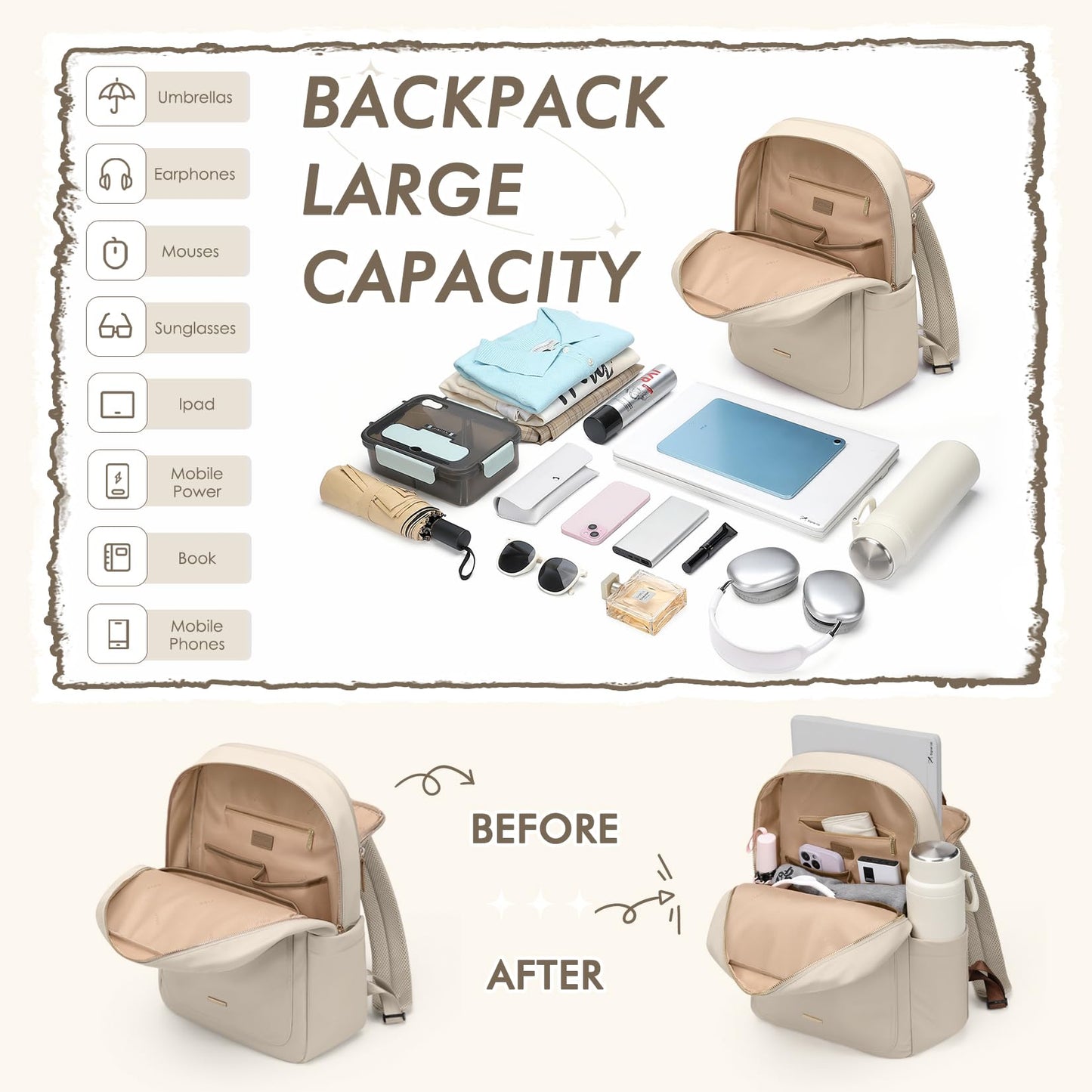 GOLF QUALITY Laptop Backpack for Women,Casual Work Business Backpacks Purse Carry on Travel Backpack,14 Inch,Apricot