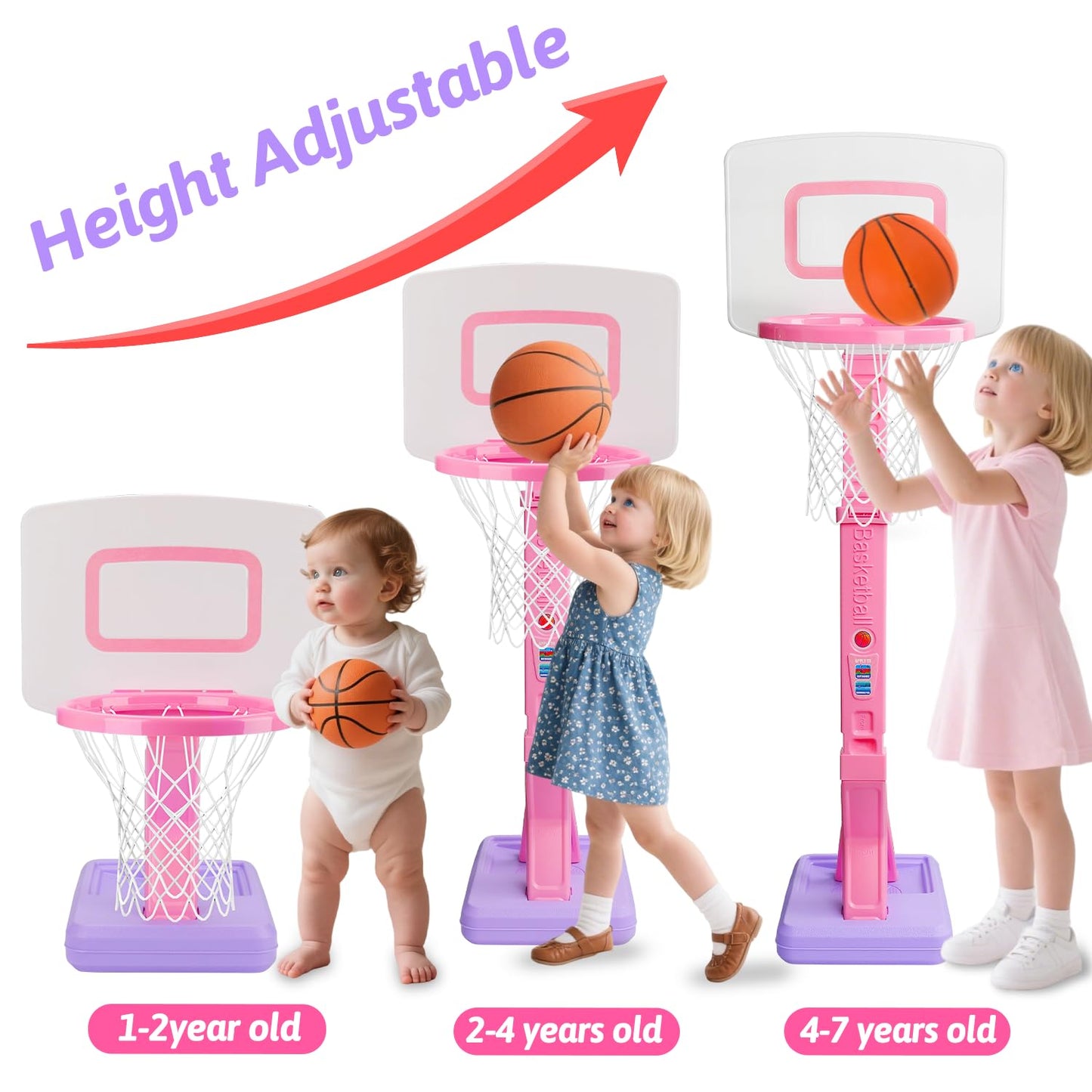 Basketball Hoop Indoor for Toddler, Adjustable Portable Basketball Hoop Set, Poolside Outdoor Backyard Outside Basketball Game Toy for Kids Age 3 4 5 6 7 8 (Pink Hoop)